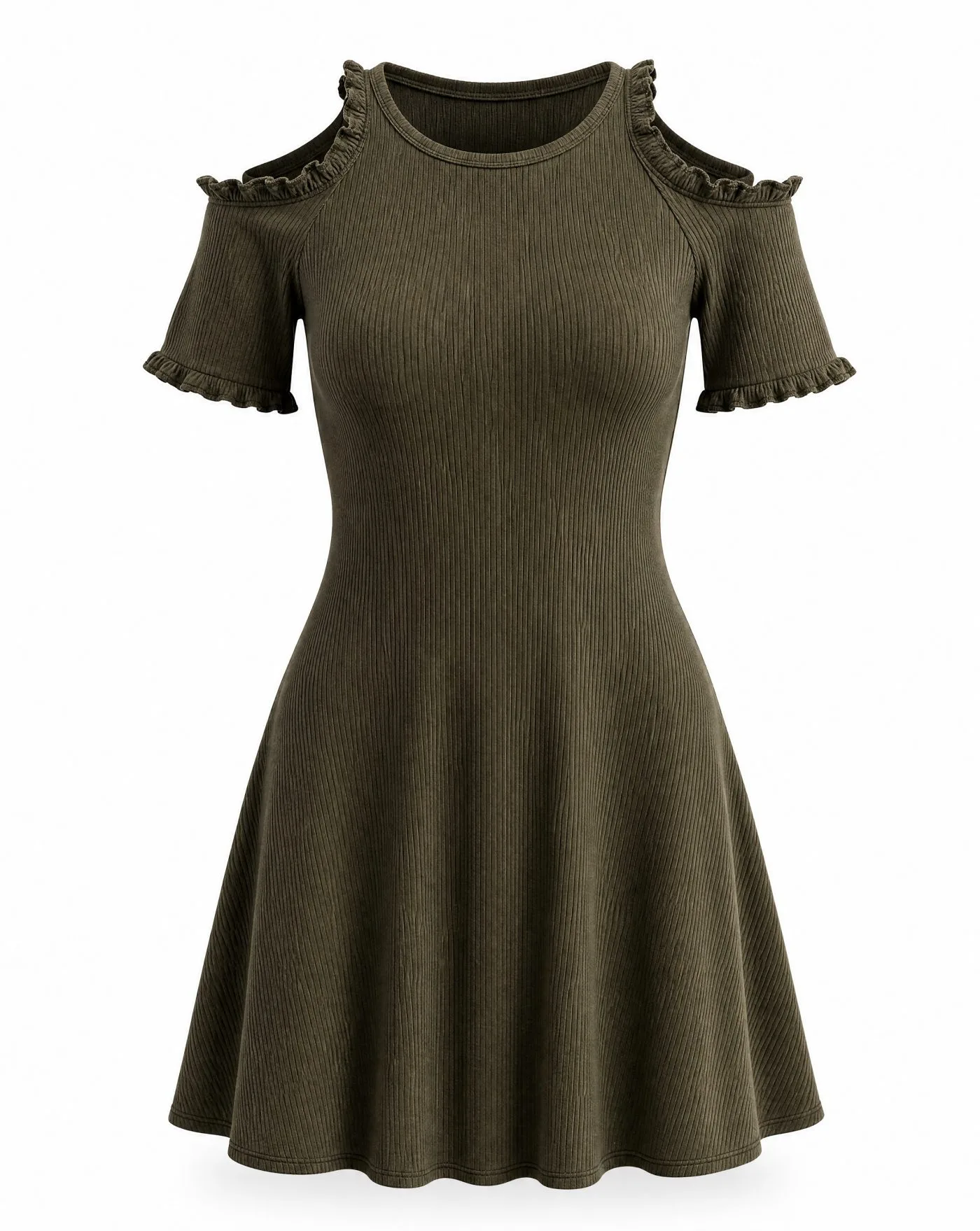 Olive Ribbed Cold-Shoulder Ruffle Dress — VAUDRE