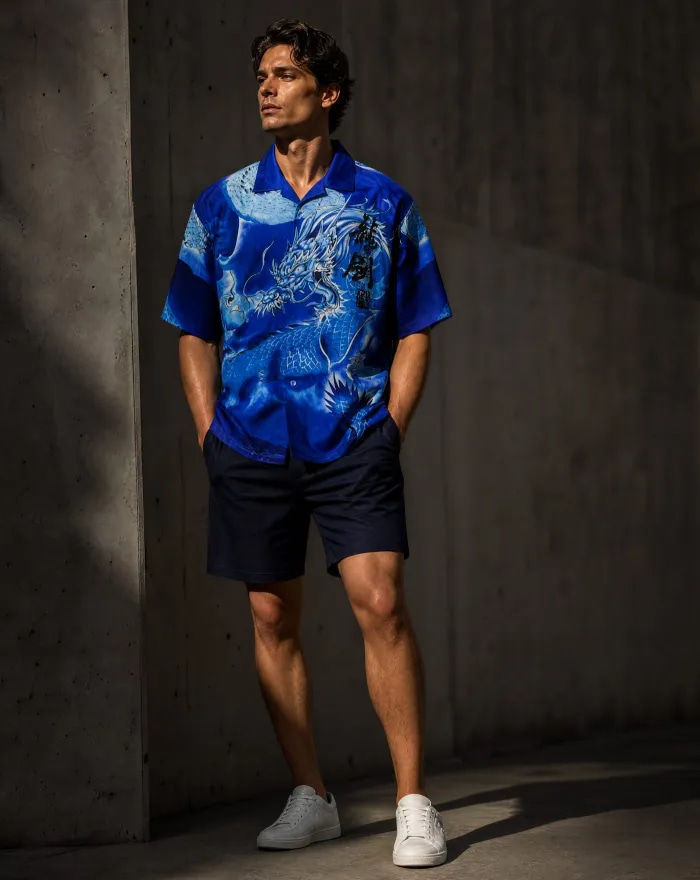 Blue Dragon Camp-Collar Shirt — Electric Blue Dragon — the printed t-shirts & shirts — VAUDRE numbered luxury — alternate view