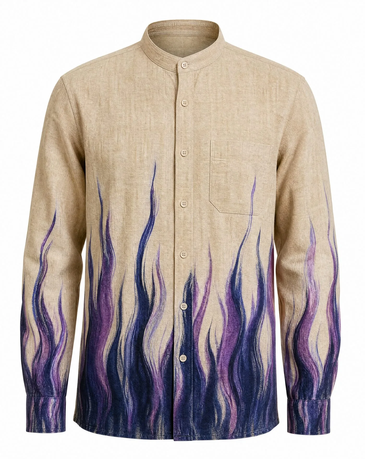 Purple Flame Linen Band-Collar Shirt — VAUDRE