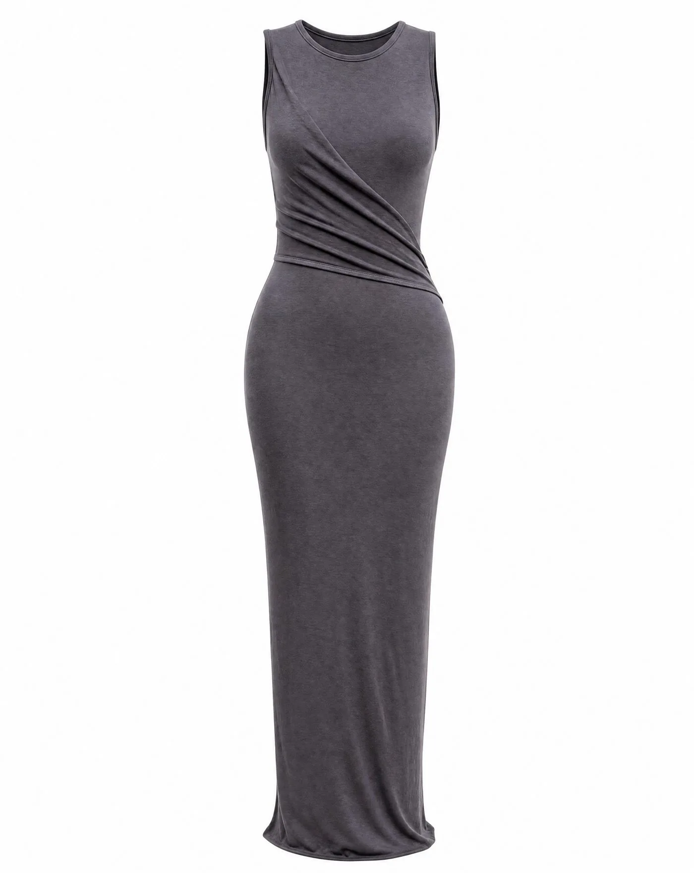 Charcoal Ruched Sleeveless Maxi Dress — VAUDRE