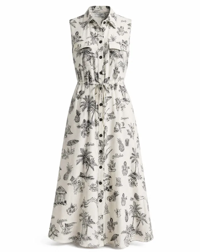 Aloha Toile Sleeveless Shirt Dress — Ivory & Black Tropical Toile — beach wear — VAUDRE numbered luxury