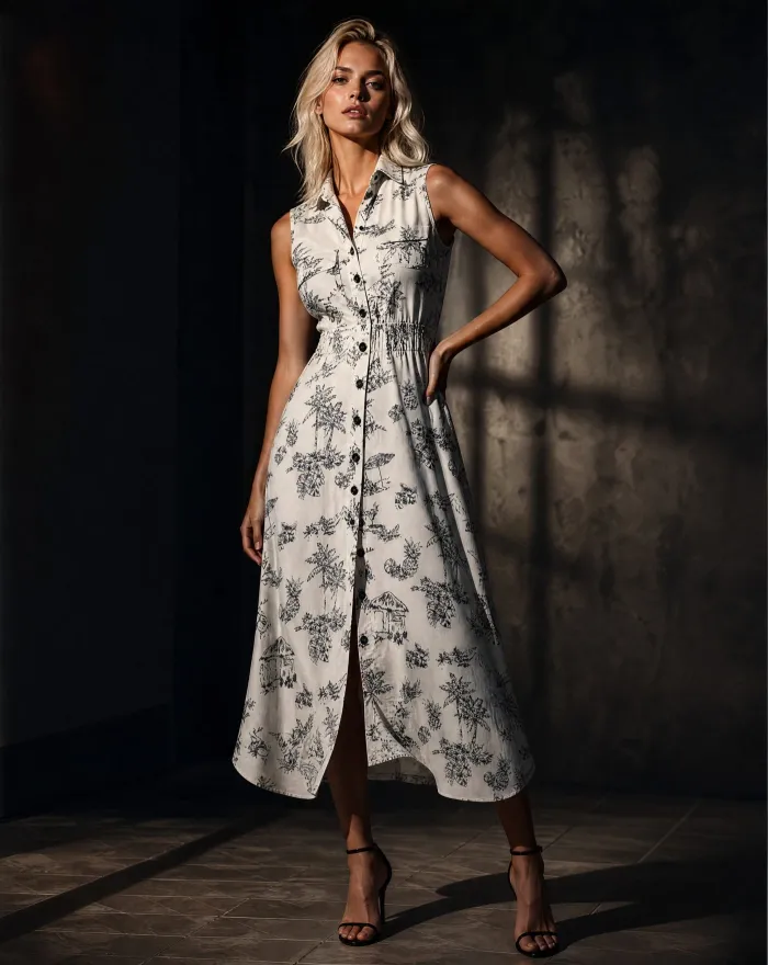 Aloha Toile Sleeveless Shirt Dress — Ivory & Black Tropical Toile — beach wear — VAUDRE numbered luxury — alternate view