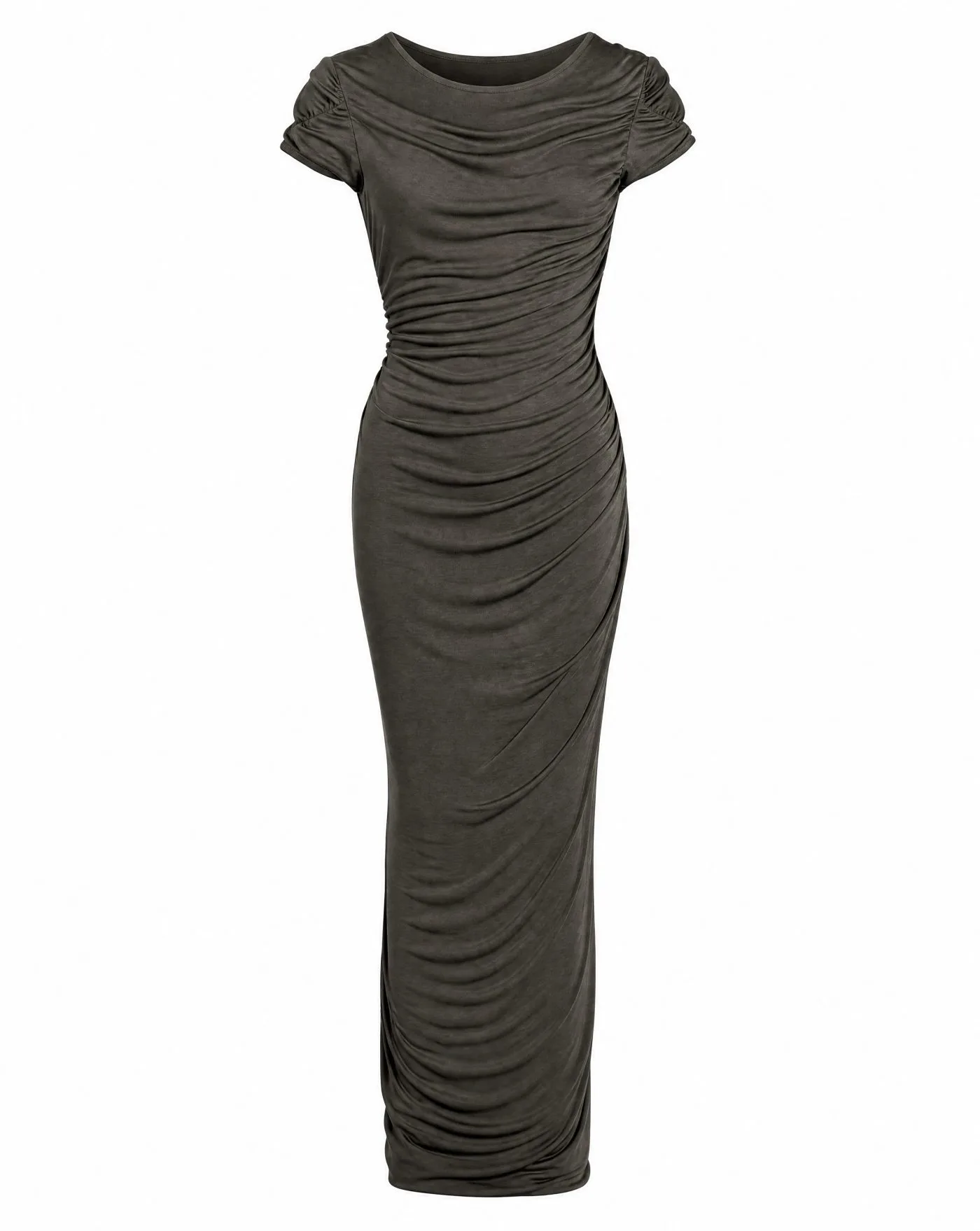 Olive Ruched Cap-Sleeve Column Gown — VAUDRE