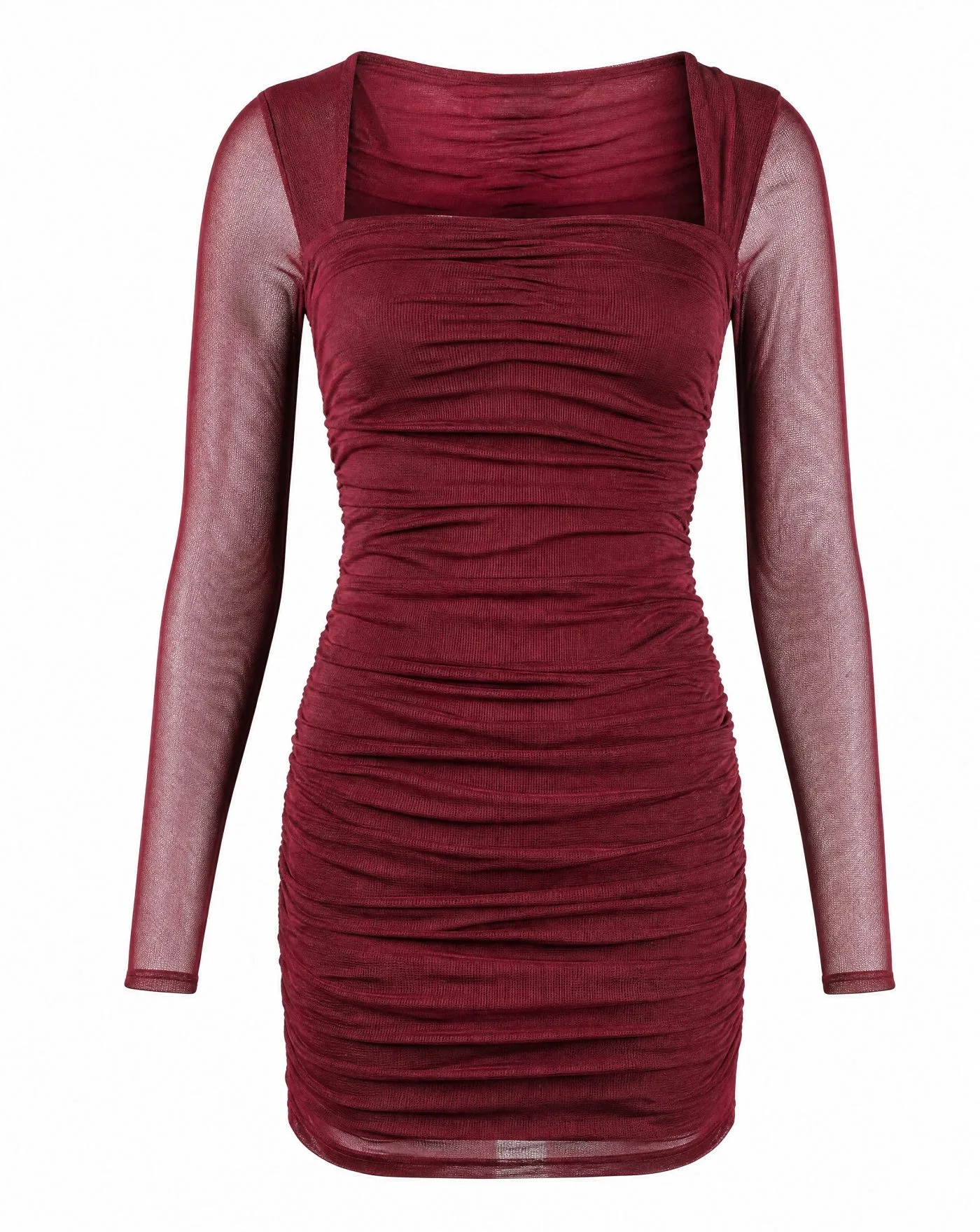 Burgundy Ruched Mesh Mini Dress — VAUDRE