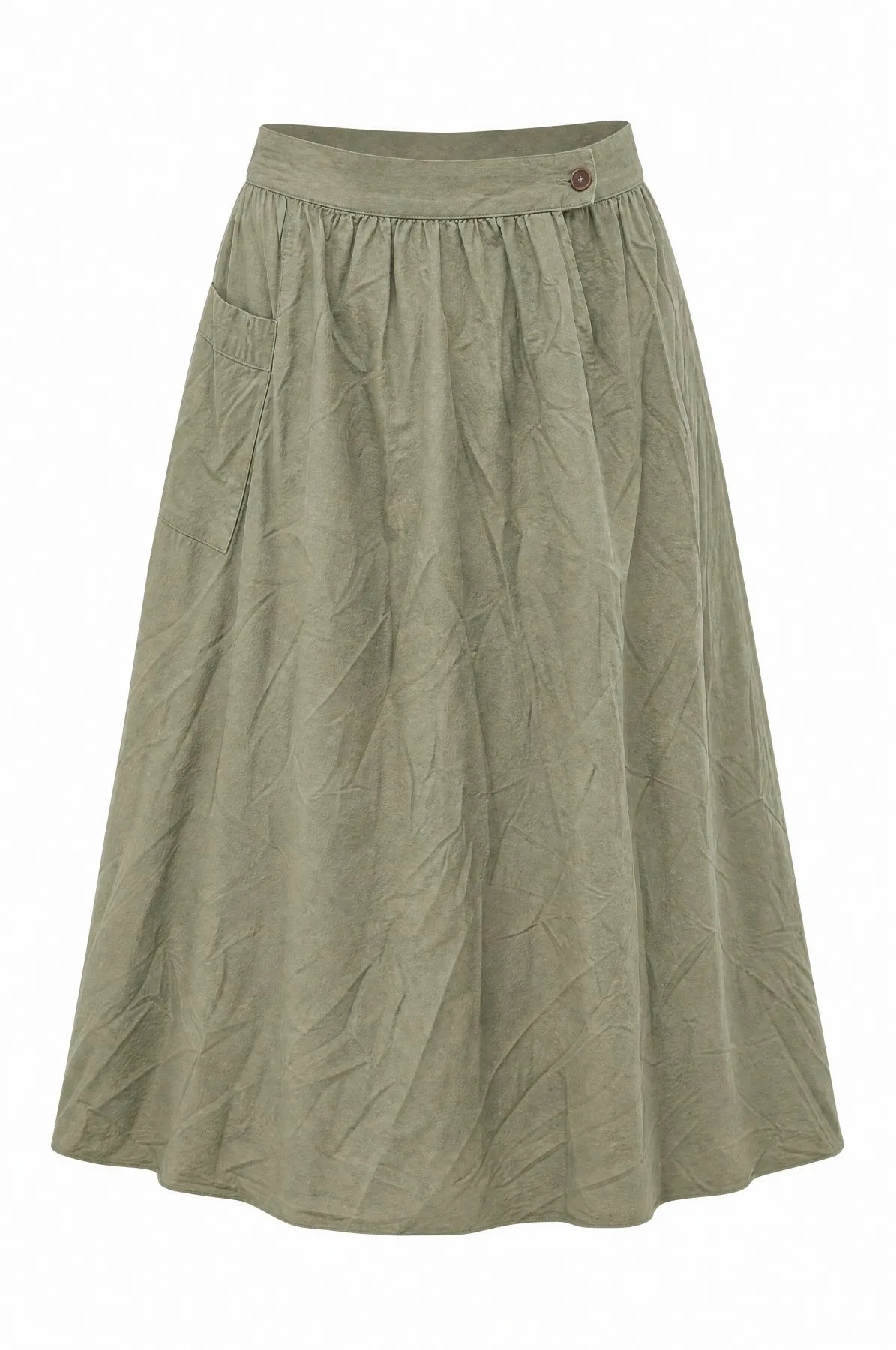 Olive Gathered A‑Line Midi Skirt — VAUDRE