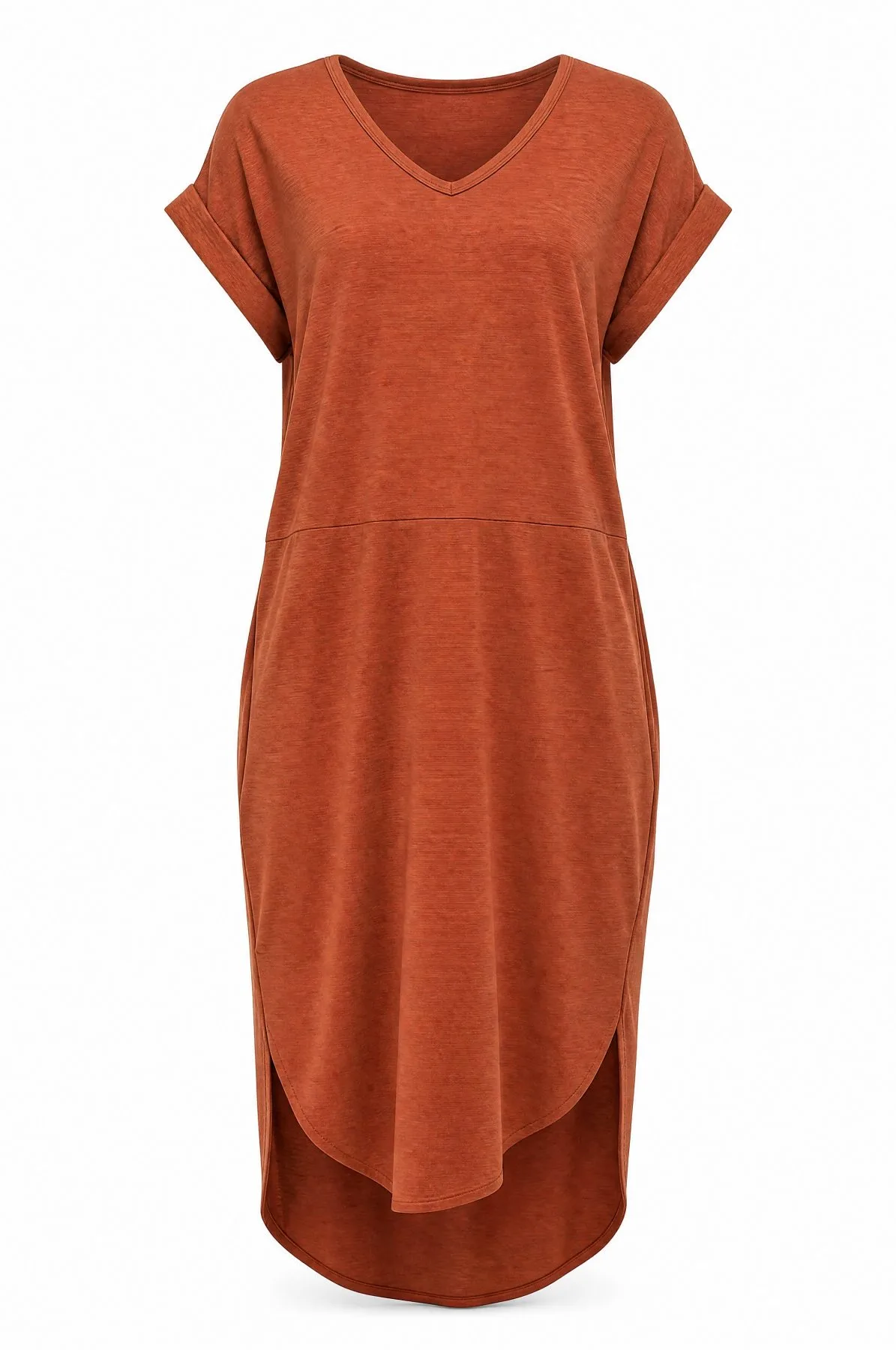 Terracotta Draped Tulip Midi Dress — VAUDRE