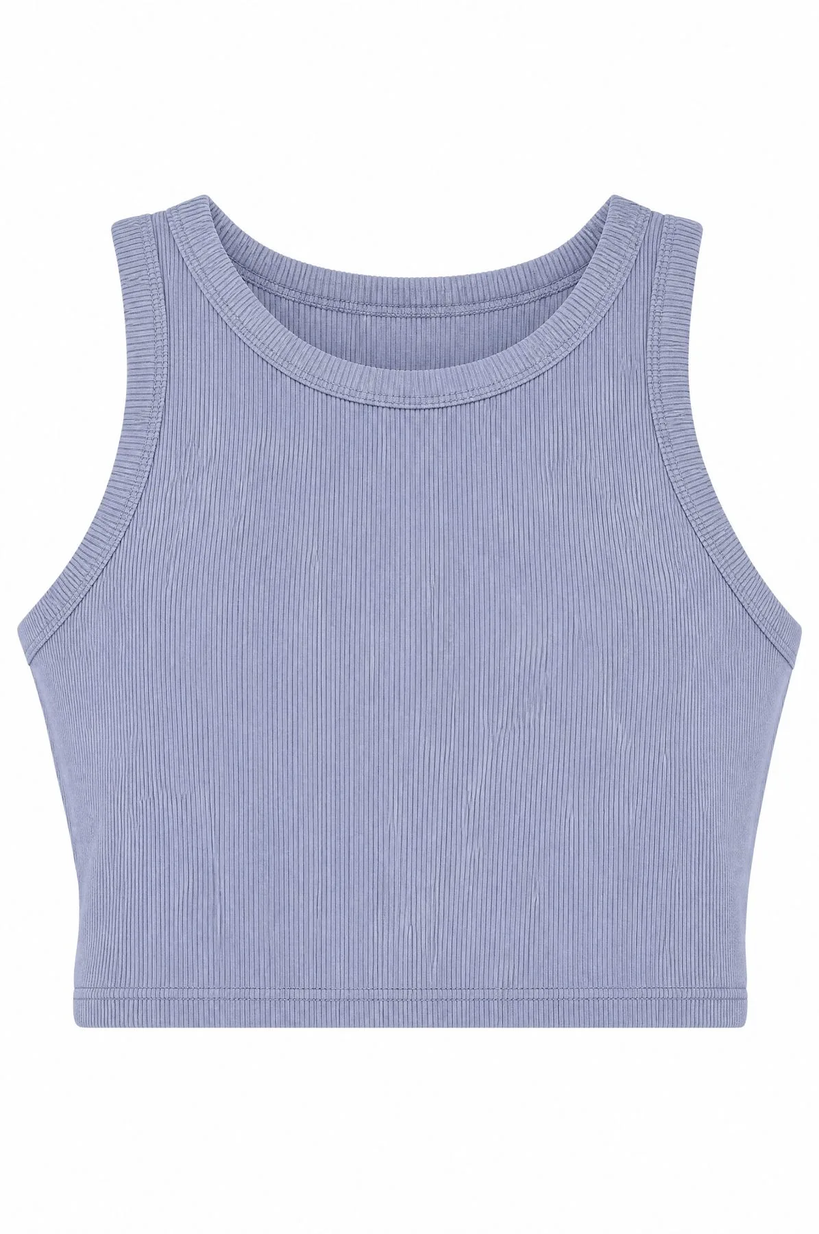 Dusk Blue Sleevesless High-Neck Crop Tank Top — VAUDRE