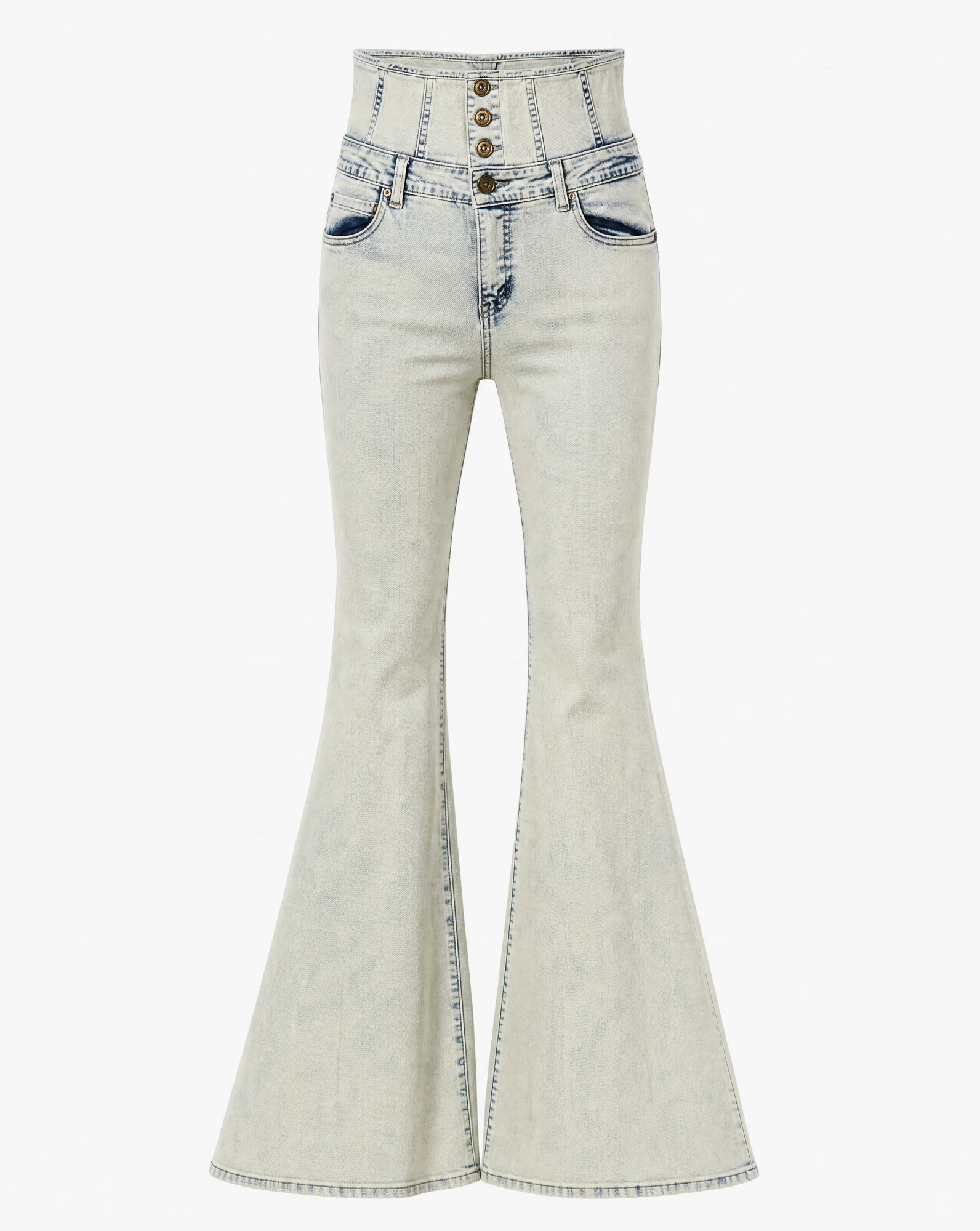 Corset-Waist Acid-Wash Bell Flare Denim — VAUDRE