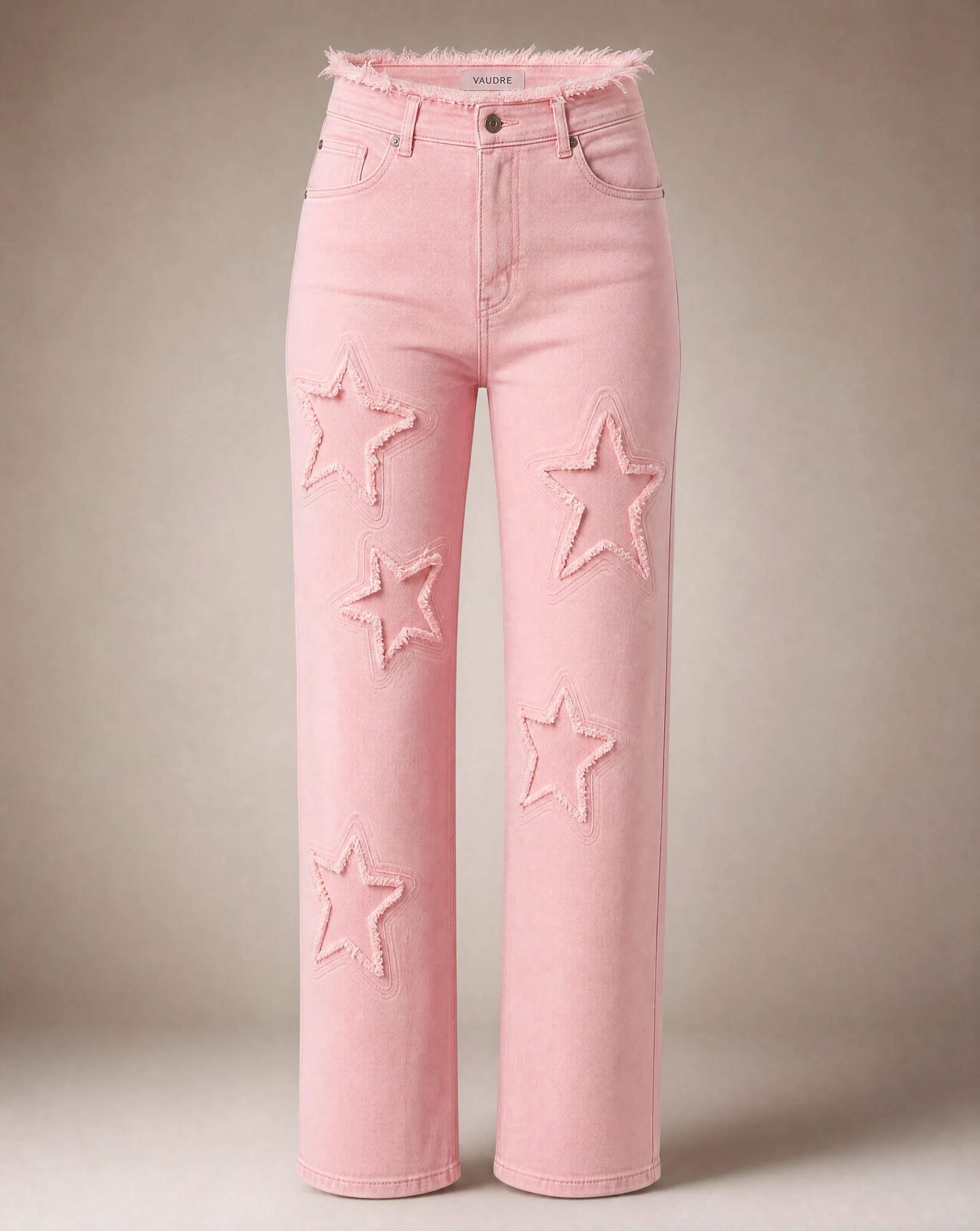Blush Frayed Star-Patch Straight Denim — VAUDRE