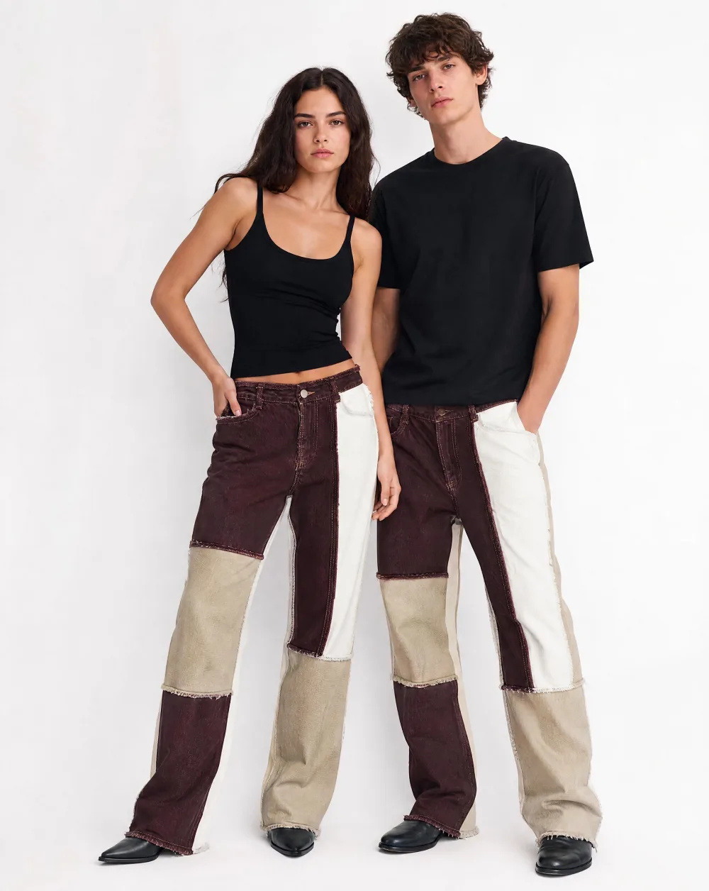 Patchwork Colour-Block Straight Jean — Brown Cream White Patchwork — street wear — VAUDRE numbered luxury — alternate view