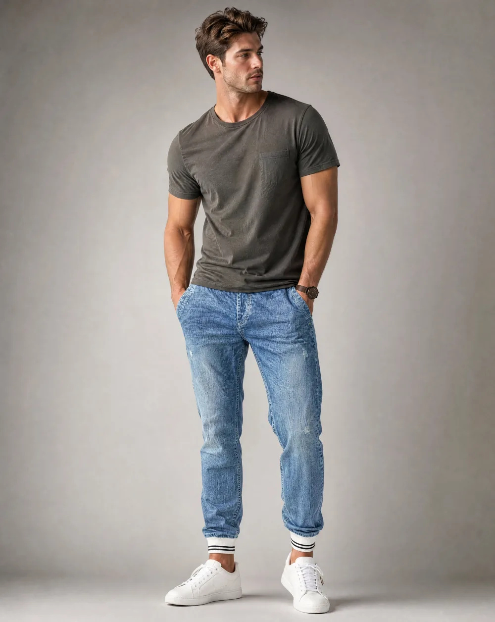 Acid-Wash Rib-Cuff Denim Jogger — Light Acid-Wash Blue — sovereign pants — VAUDRE numbered luxury — alternate view
