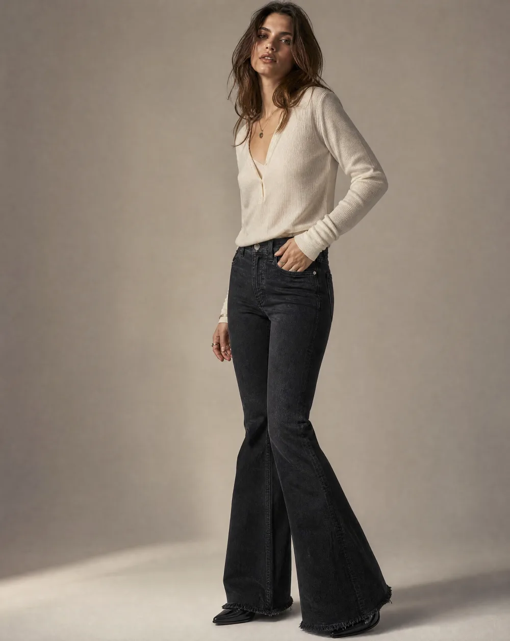 Washed Black Frayed Super-Flare Jean — Washed Black — sovereign pants — VAUDRE numbered luxury — alternate view