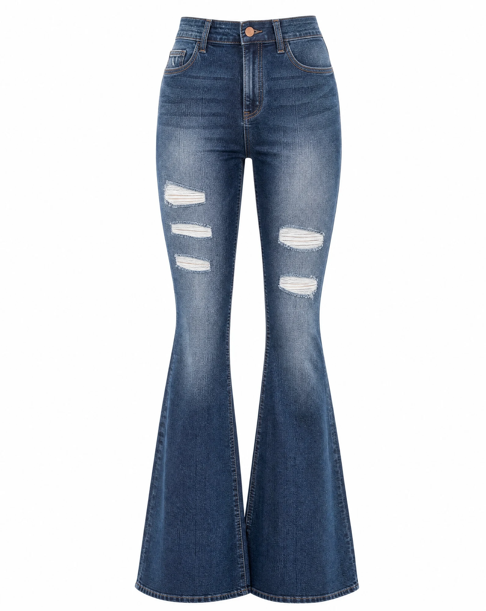 Mid‑Blue Distressed Flare Jean — VAUDRE