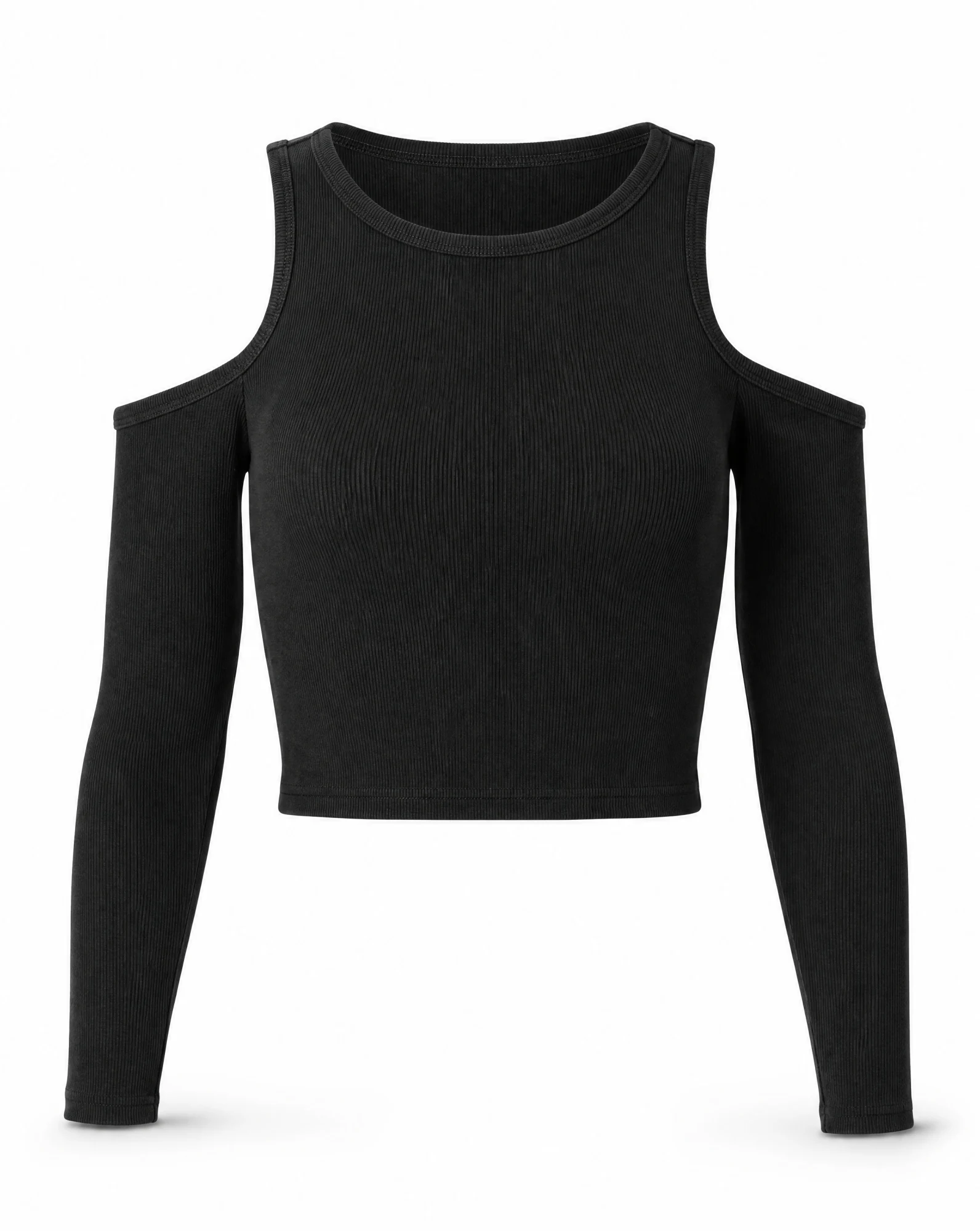 Black Cold‑Shoulder Ribbed Crop Top — VAUDRE