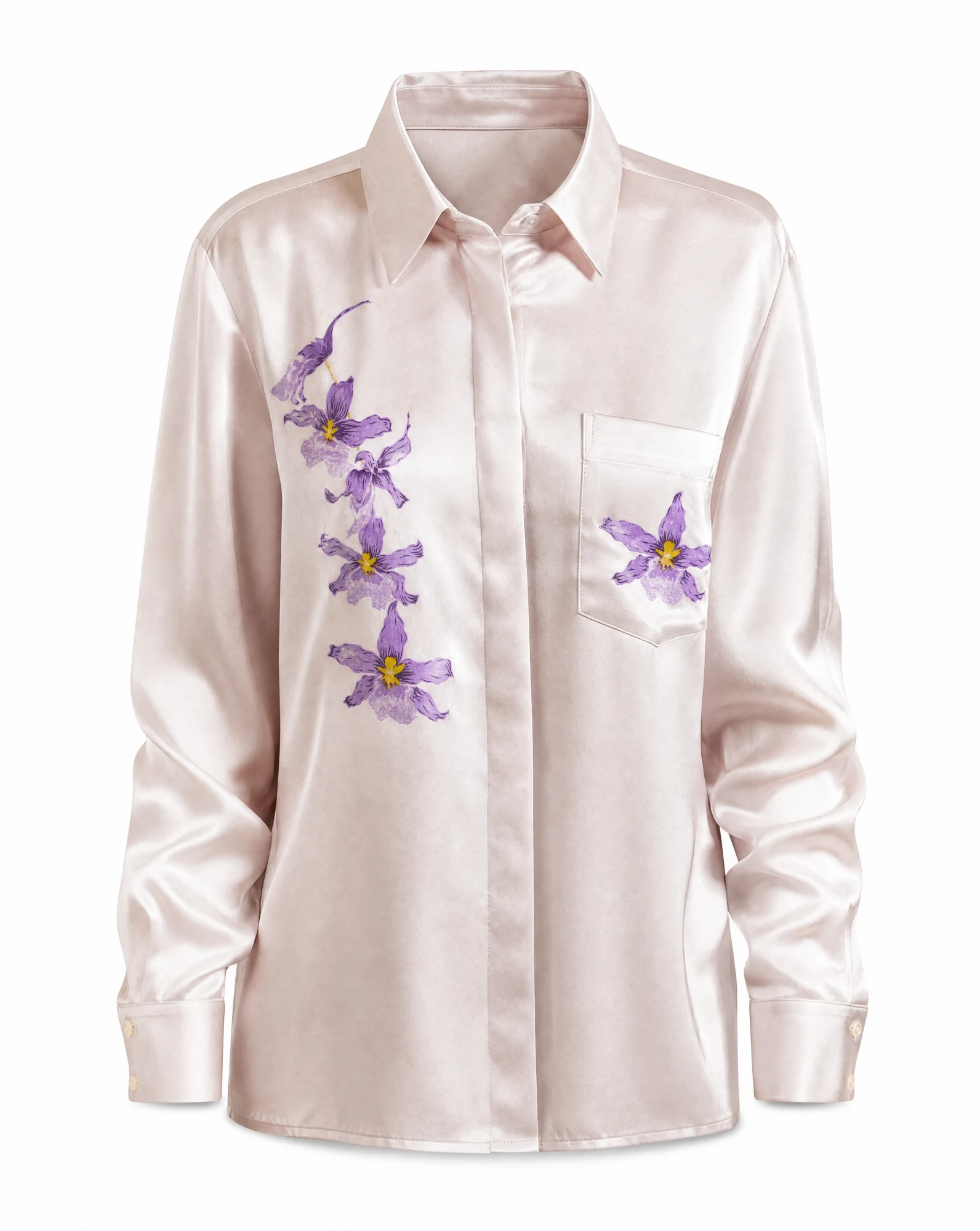 Blush Silk Orchid‑Embroidered Shirt — VAUDRE