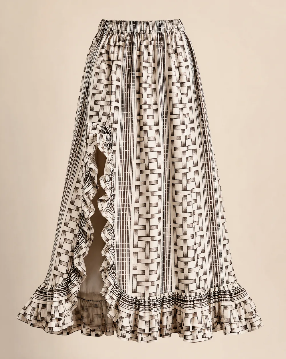 Basketweave Ruffle Maxi Skirt — Ivory Black (Basketweave Print) — the skirts — VAUDRE numbered luxury