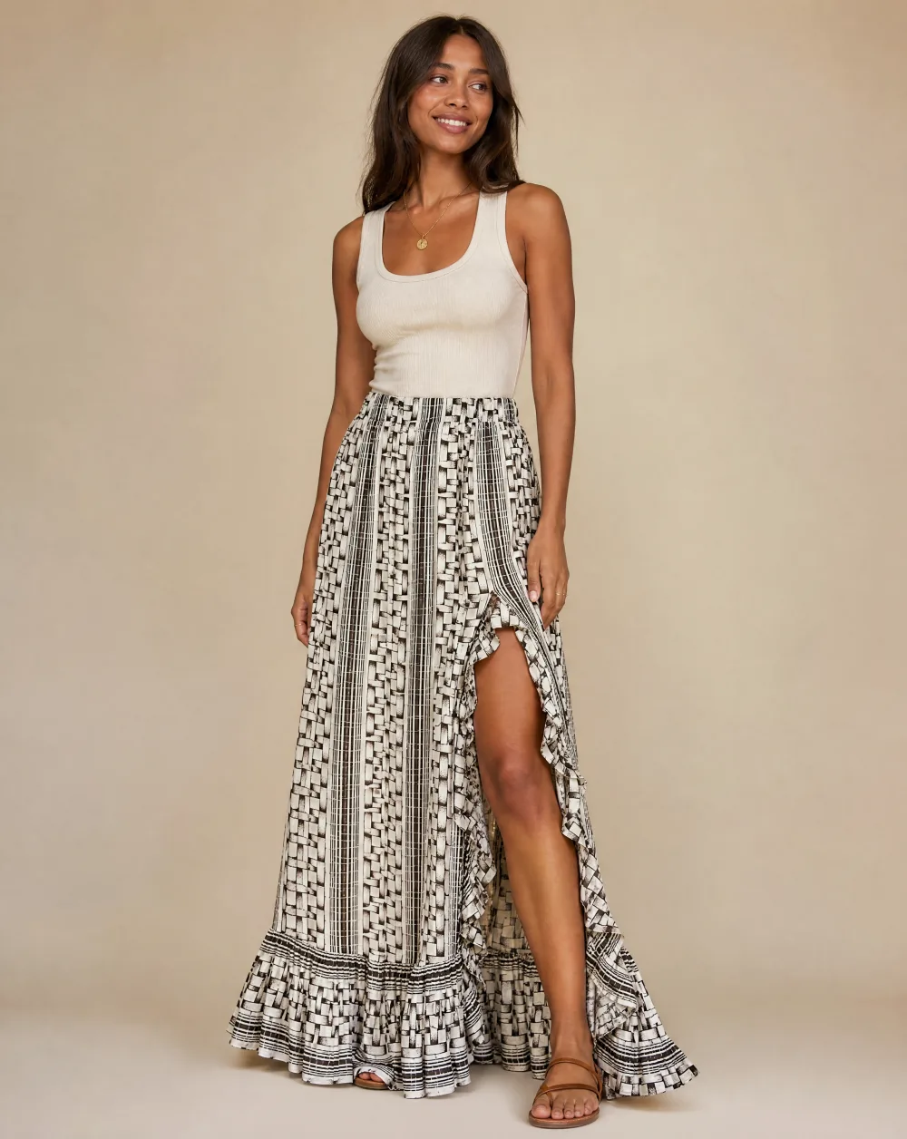 Basketweave Ruffle Maxi Skirt — Ivory Black (Basketweave Print) — the skirts — VAUDRE numbered luxury — alternate view