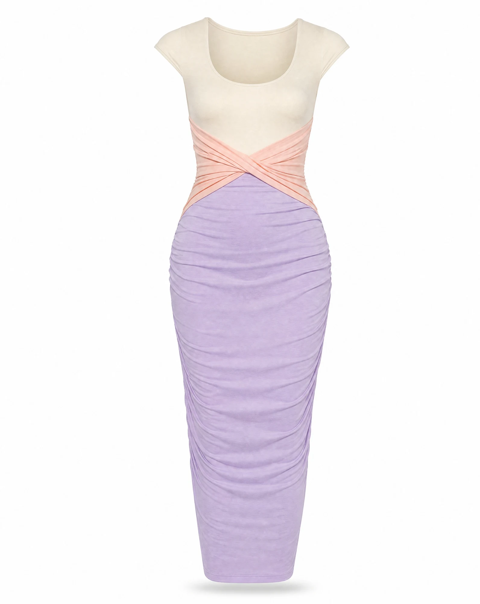 Lilac Colour-Block Ruched Midi Dress — VAUDRE
