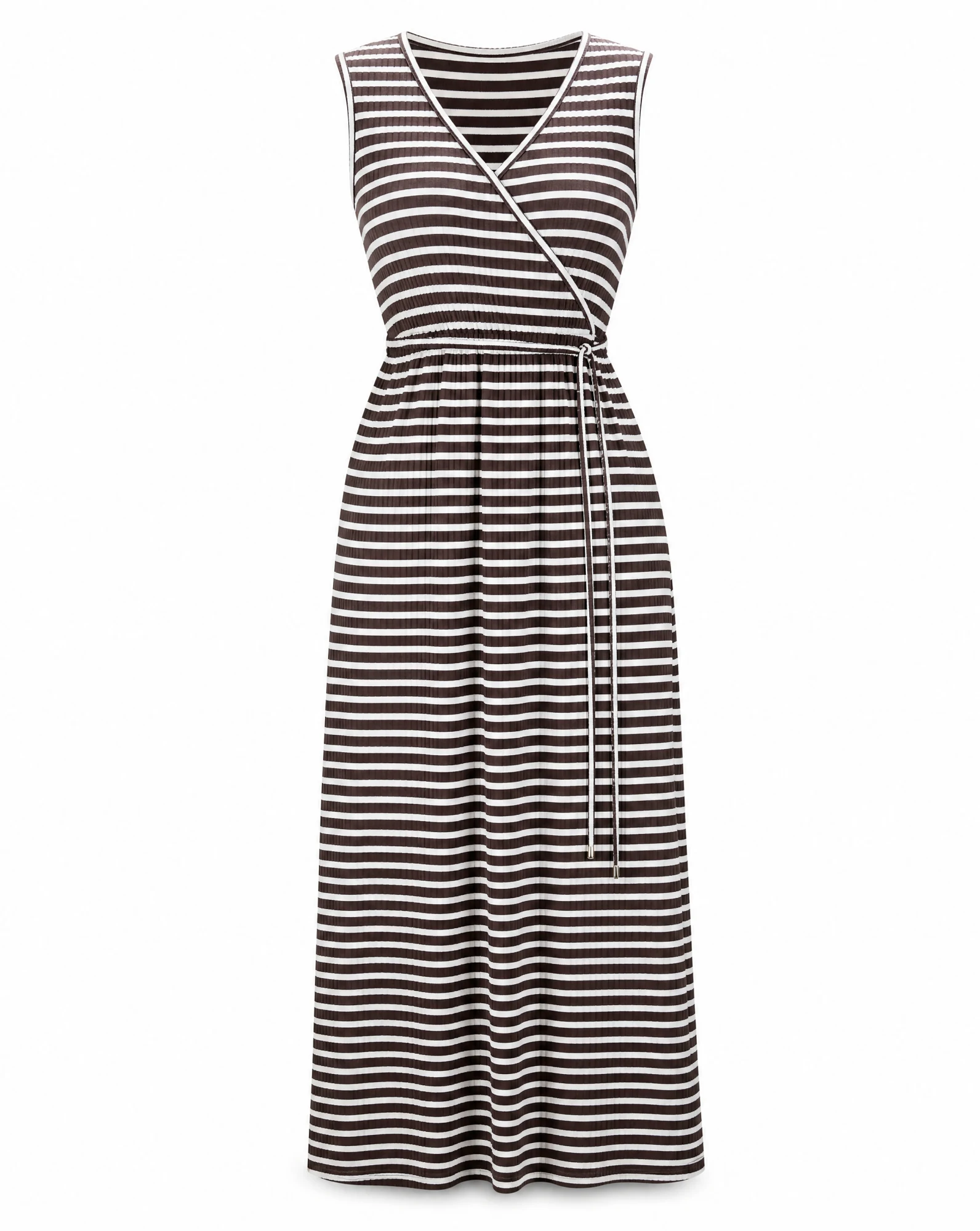 Espresso Stripe Sleeveless Wrap Maxi Dress — VAUDRE