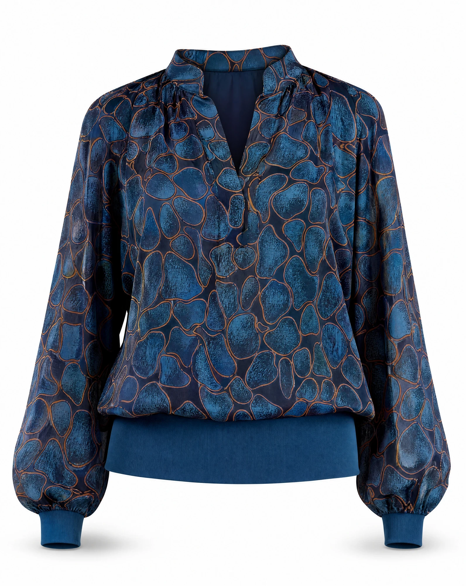 Teal Mosaic Balloon-Sleeve Blouse — VAUDRE