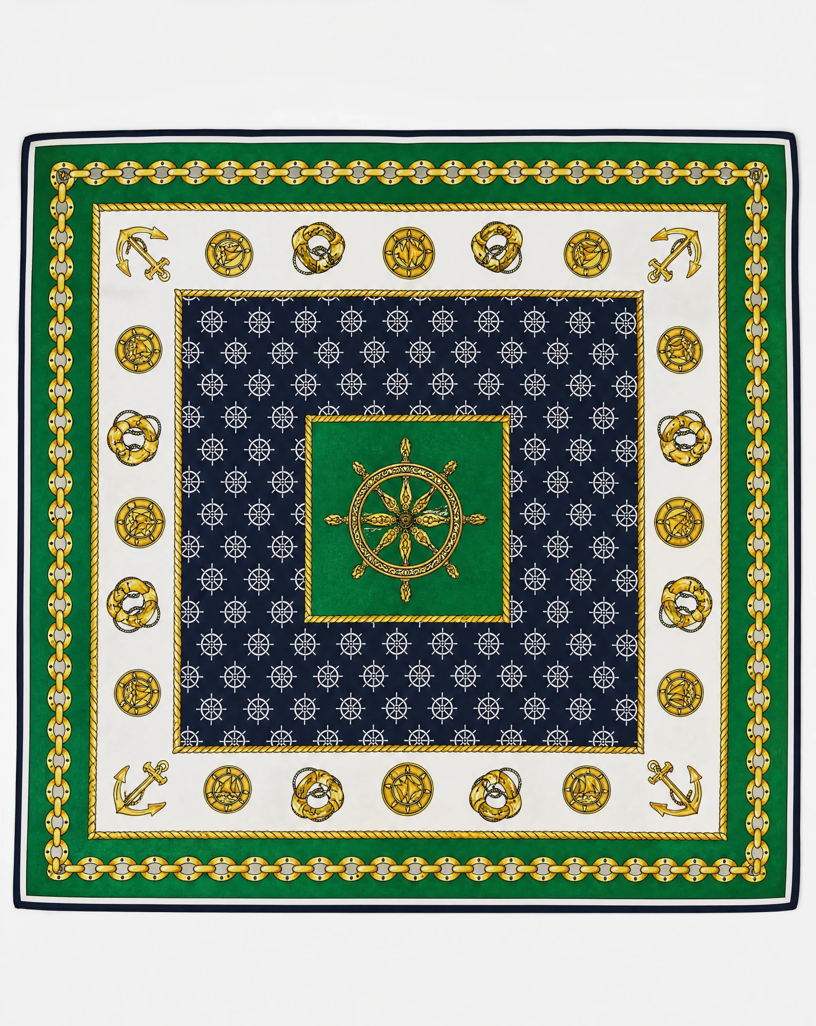 Navy & Green Nautical Silk Scarf — VAUDRE