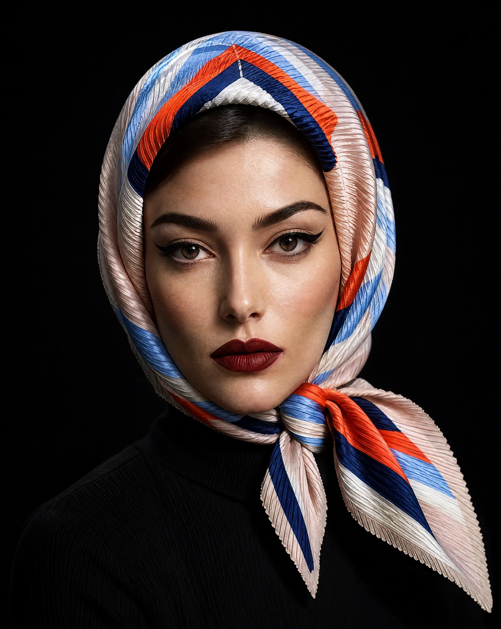 Azure Starburst Pleated Silk Scarf — Blush Navy Orange Blue — accessories — VAUDRE numbered luxury — view 3