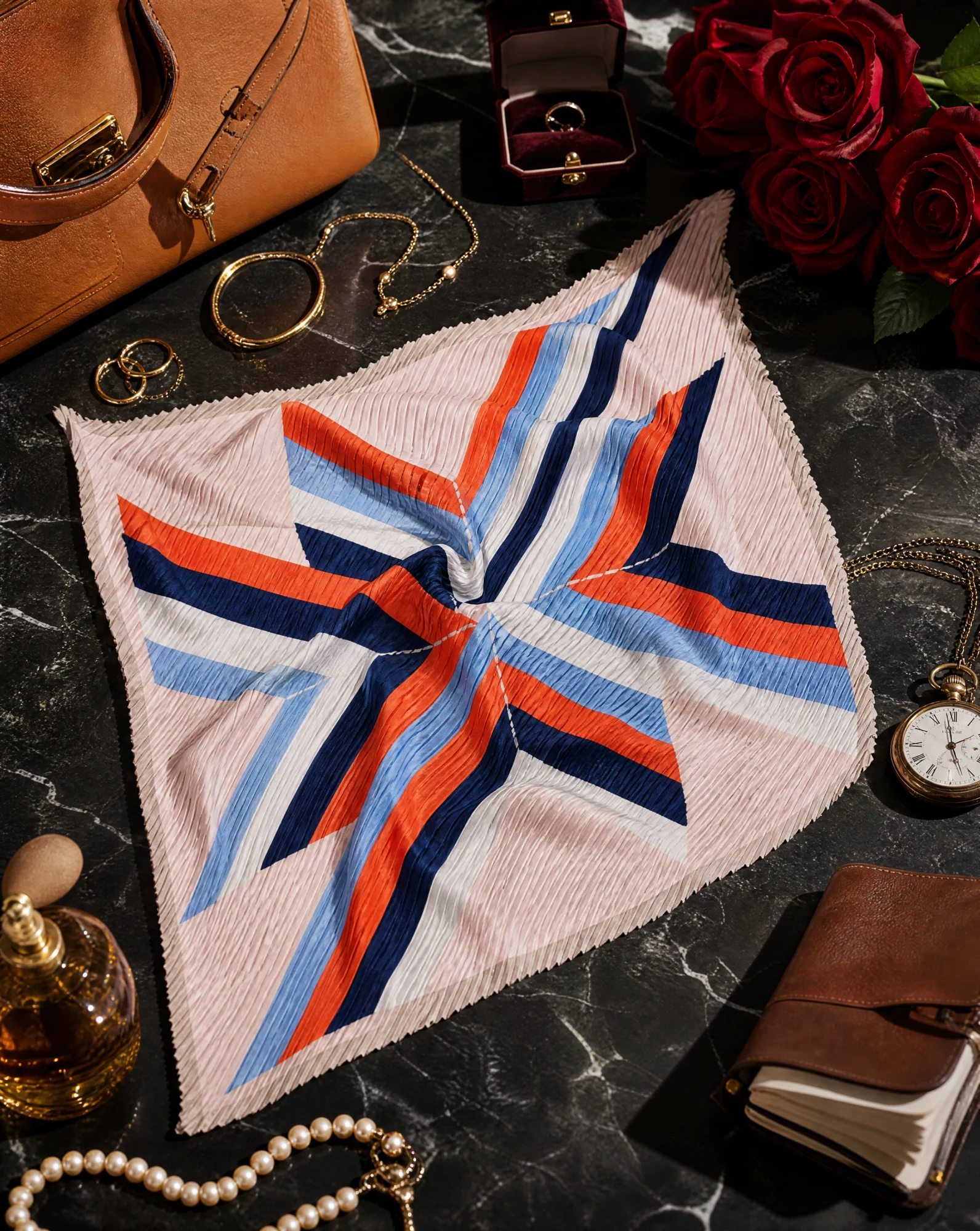 Azure Starburst Pleated Silk Scarf — Blush Navy Orange Blue — accessories — VAUDRE numbered luxury — view 4