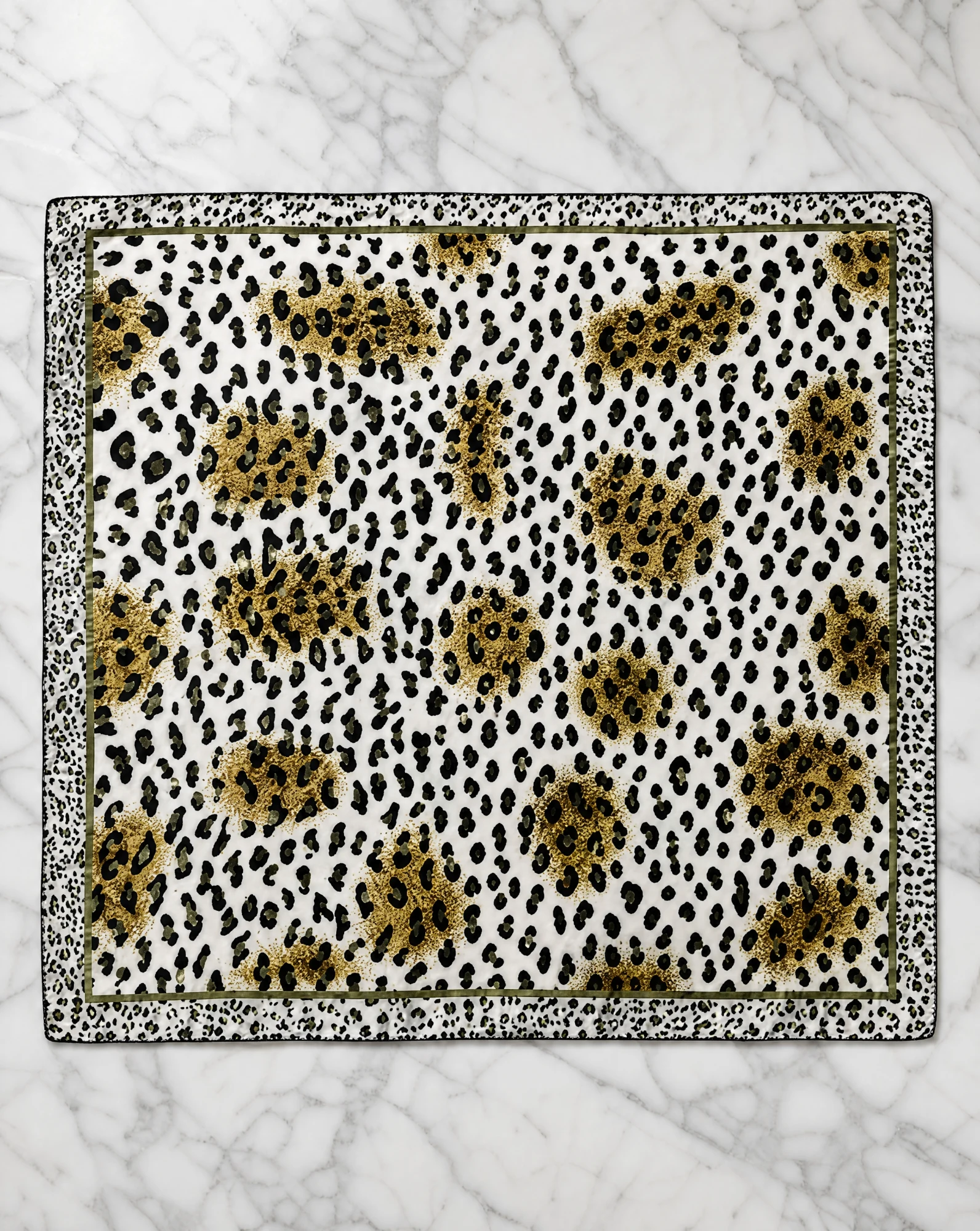 Golden Savannah Leopard Silk Scarf — Ivory Black Gold Olive — accessories — VAUDRE numbered luxury