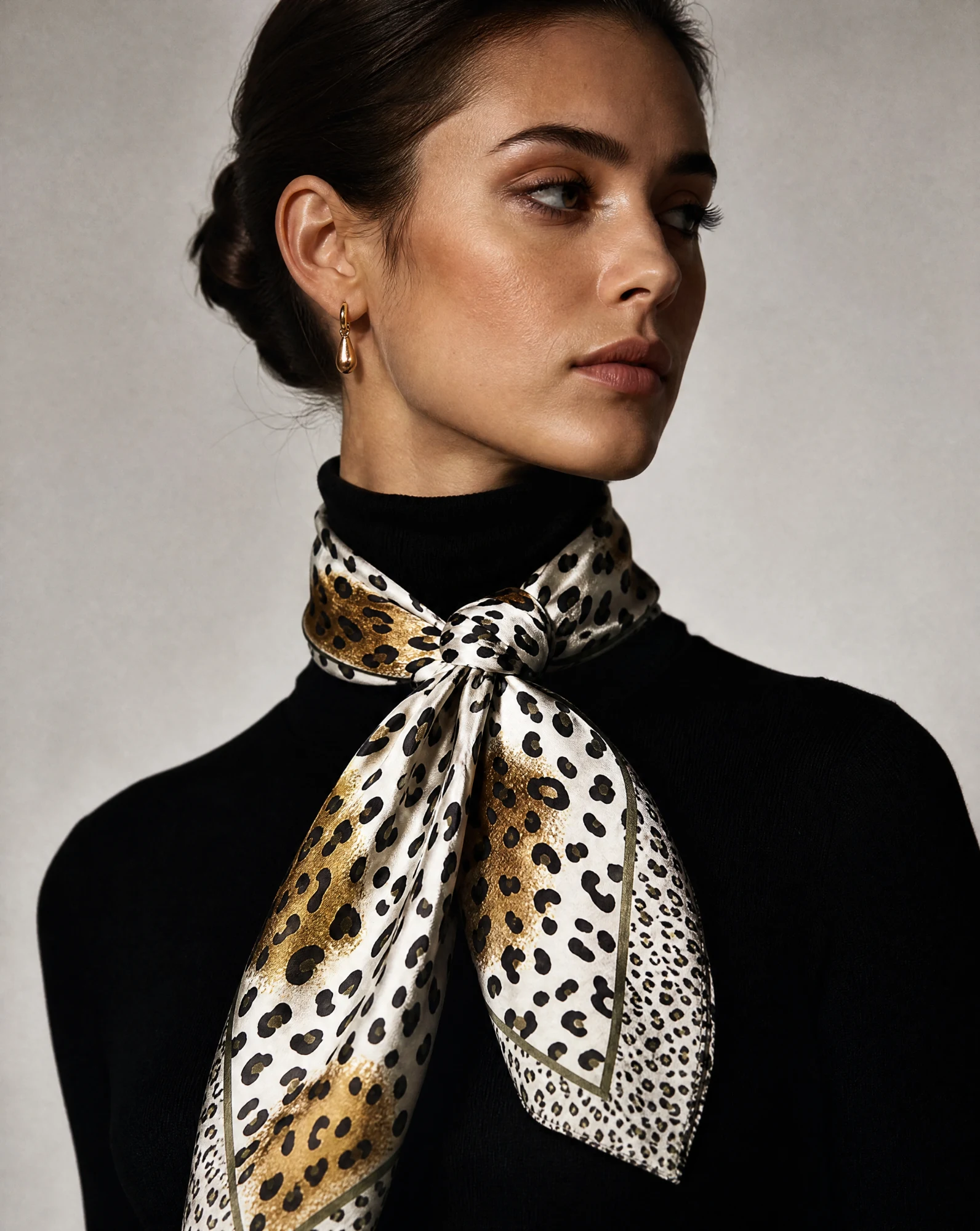 Golden Savannah Leopard Silk Scarf — Ivory Black Gold Olive — accessories — VAUDRE numbered luxury — view 3