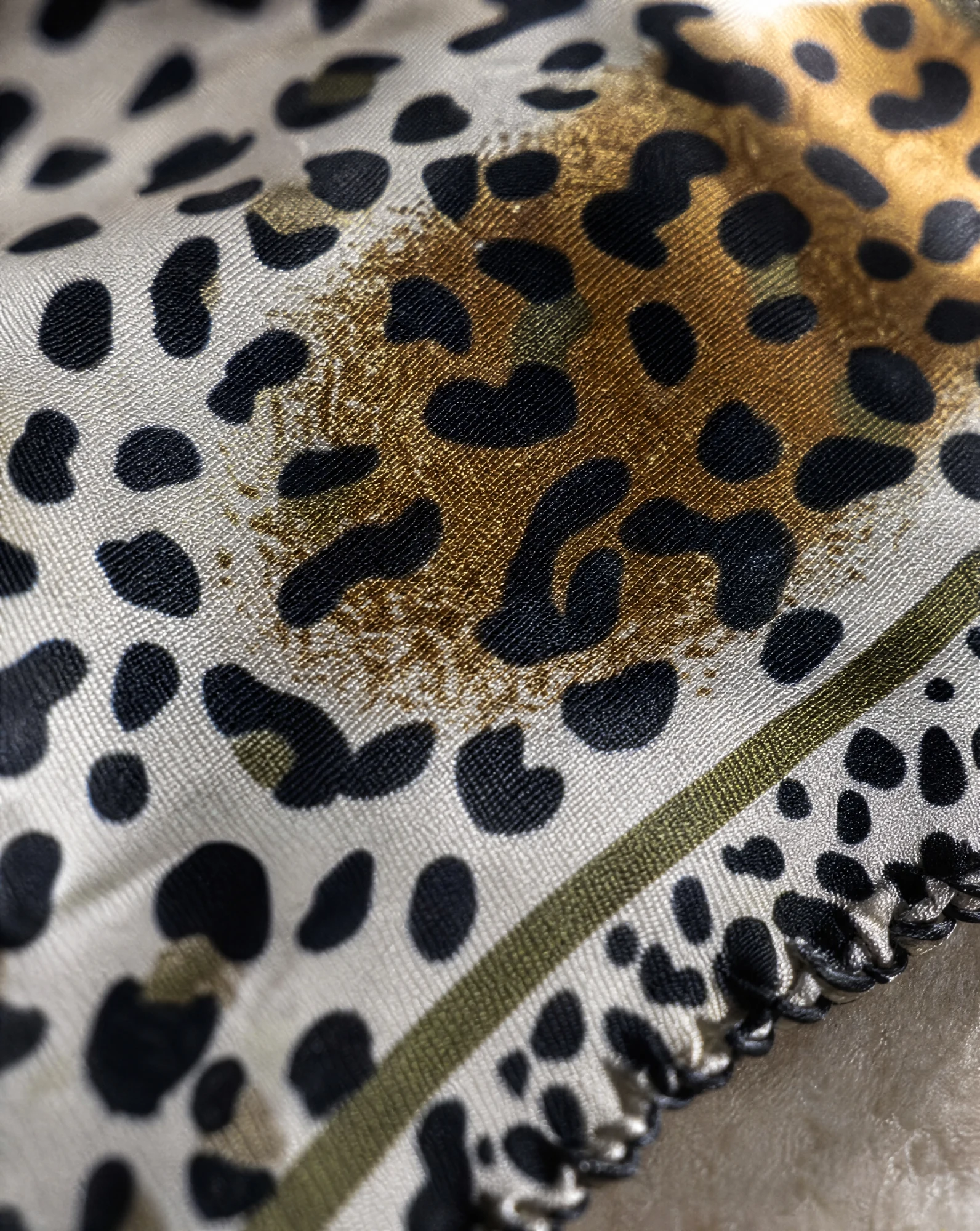 Golden Savannah Leopard Silk Scarf — Ivory Black Gold Olive — accessories — VAUDRE numbered luxury — view 4