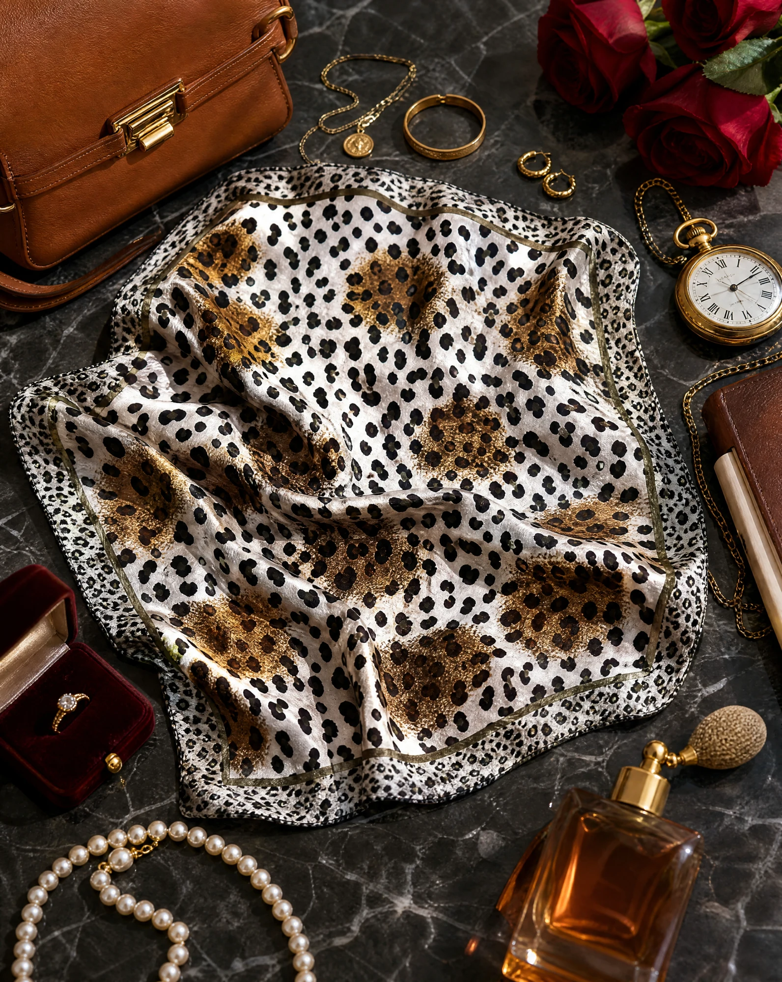 Golden Savannah Leopard Silk Scarf — Ivory Black Gold Olive — accessories — VAUDRE numbered luxury — view 5
