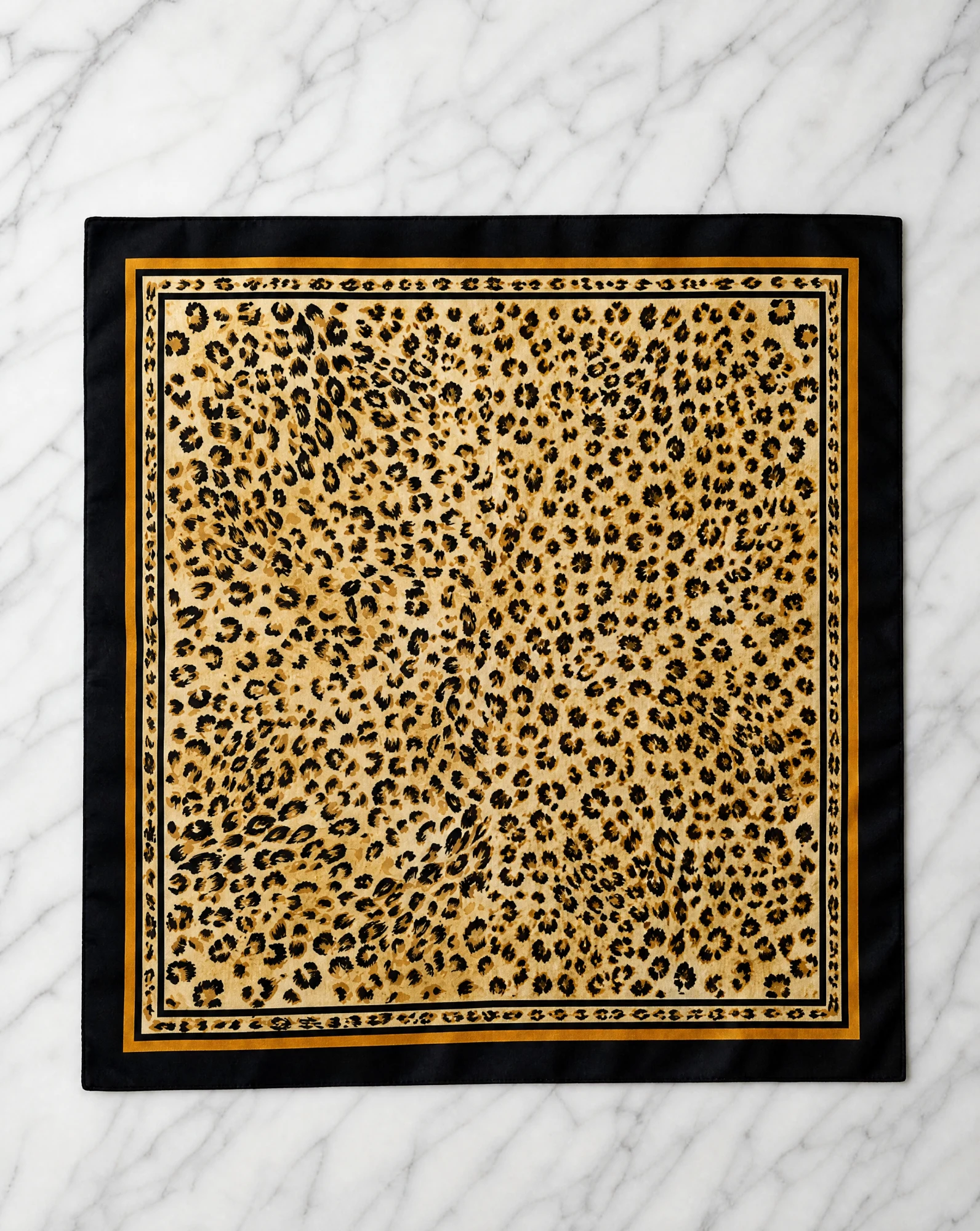 Golden Leopard Bordered Silk Scarf — Gold Black Tan Ivory — accessories — VAUDRE numbered luxury