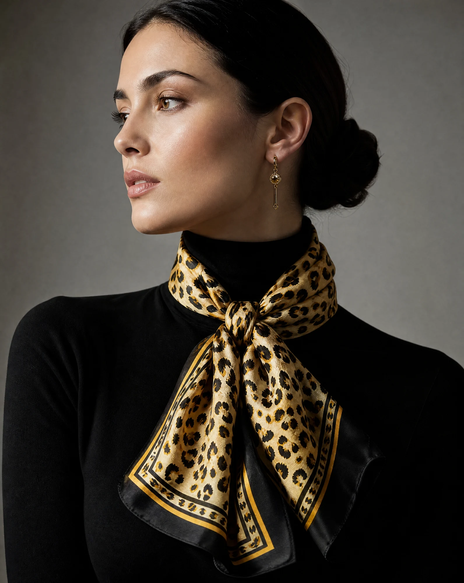 Golden Leopard Bordered Silk Scarf — Gold Black Tan Ivory — accessories — VAUDRE numbered luxury — view 2