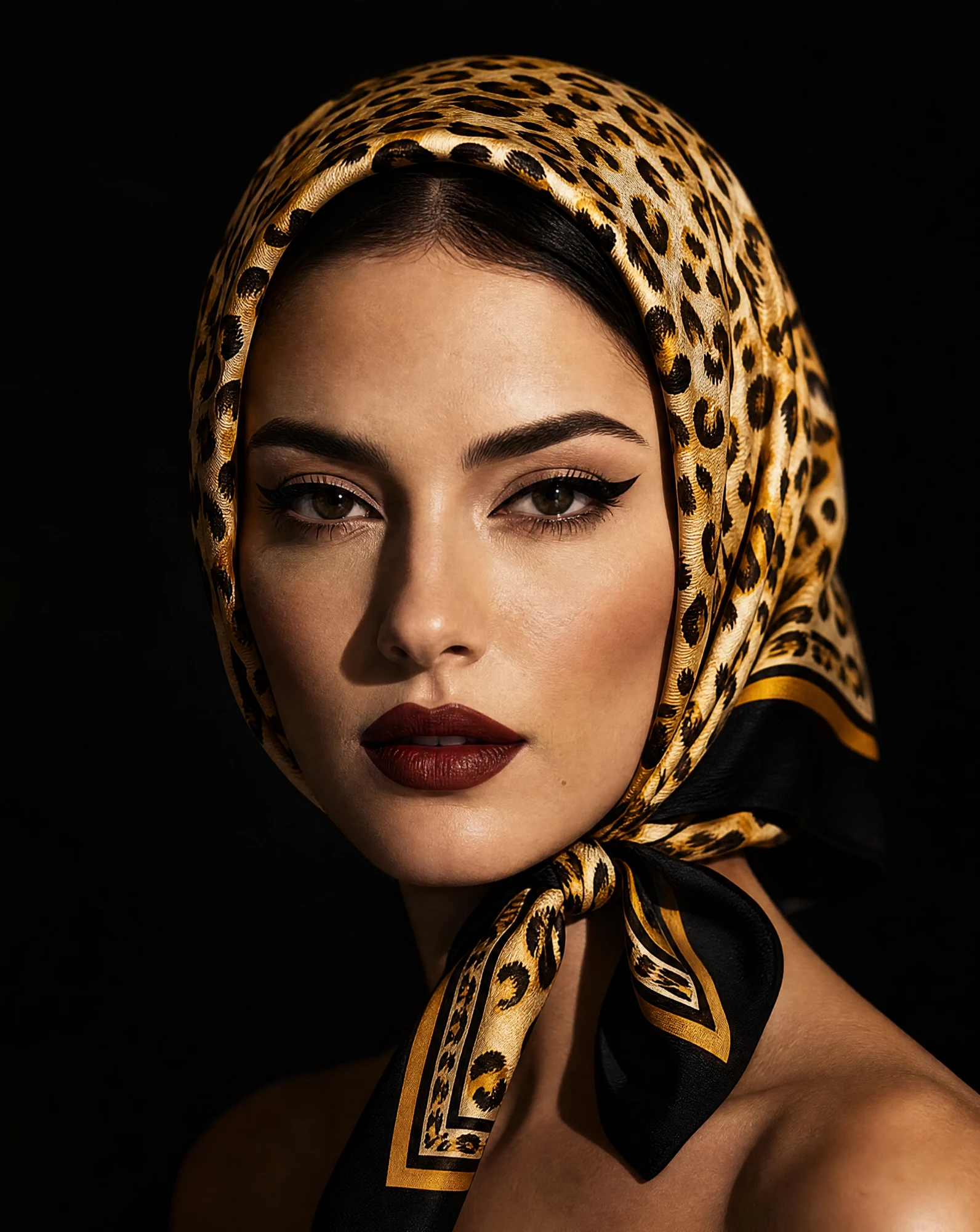 Golden Leopard Bordered Silk Scarf — Gold Black Tan Ivory — accessories — VAUDRE numbered luxury — view 3
