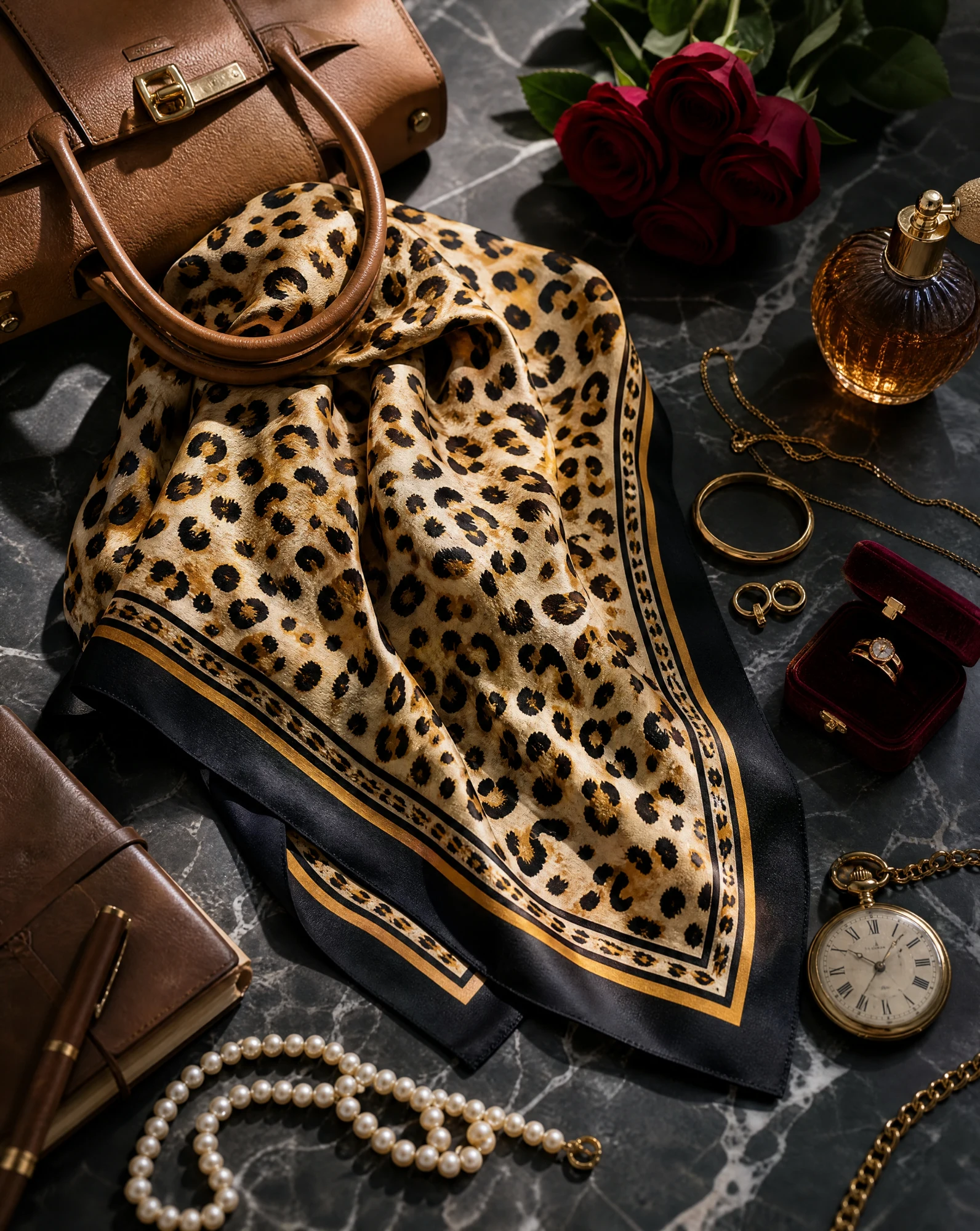 Golden Leopard Bordered Silk Scarf — Gold Black Tan Ivory — accessories — VAUDRE numbered luxury — view 4