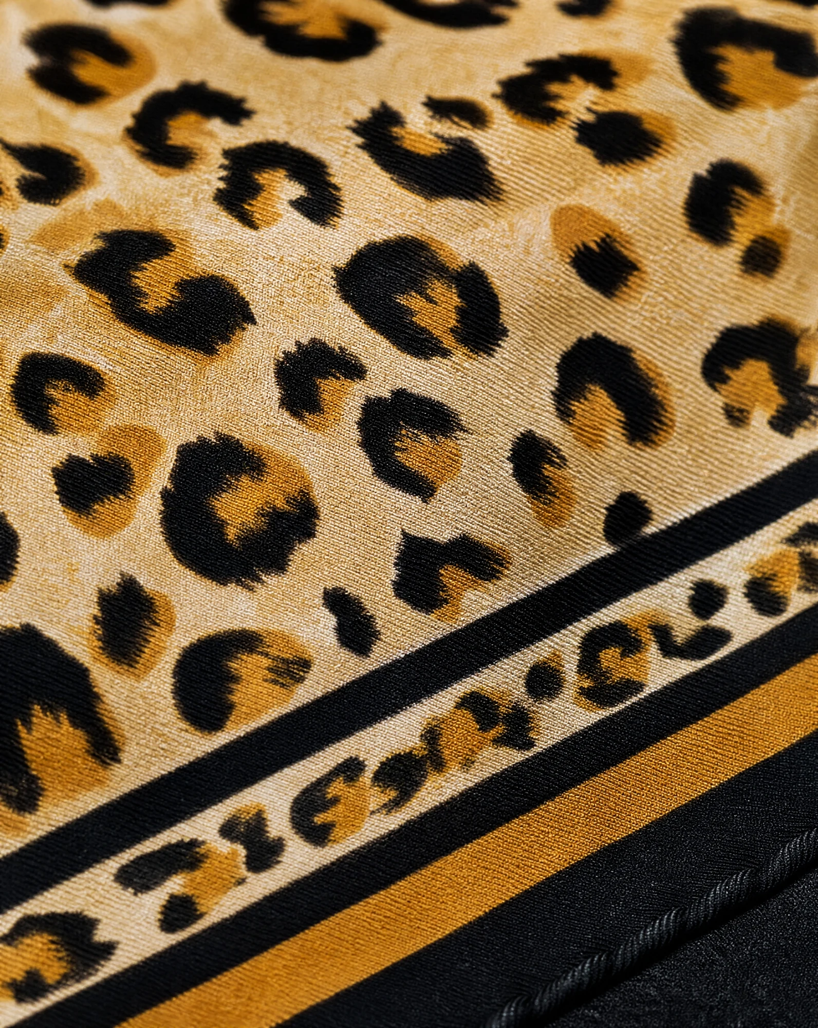 Golden Leopard Bordered Silk Scarf — Gold Black Tan Ivory — accessories — VAUDRE numbered luxury — view 5