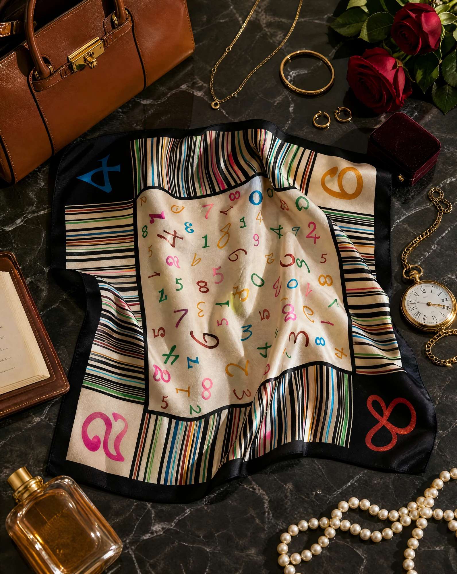 Multi Numbered Silk Scarf — Cream Multicolor Black — accessories — VAUDRE numbered luxury — view 4