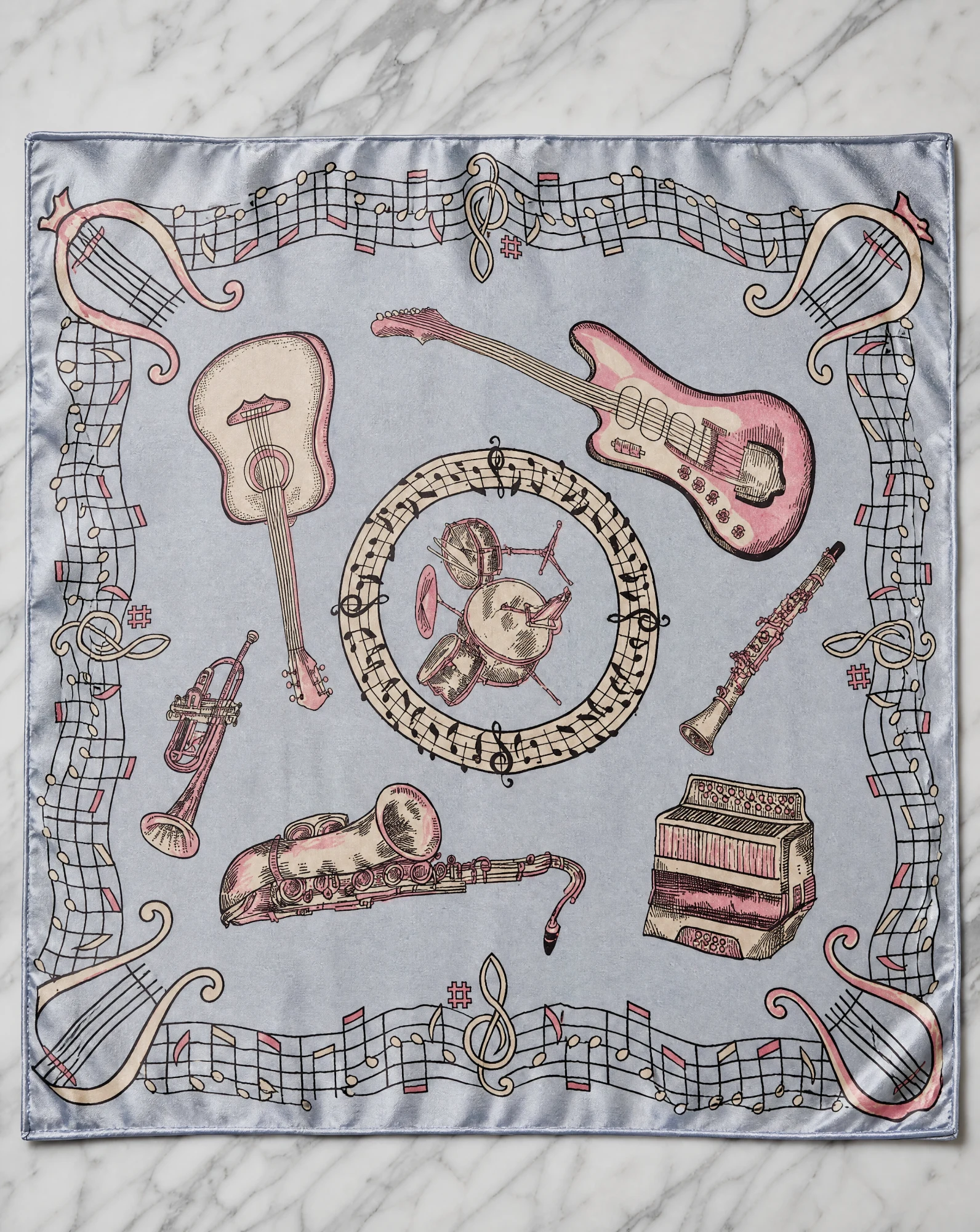 Symphony Serenade Silk Scarf — Powder Blue Pink Cream Black — accessories — VAUDRE numbered luxury