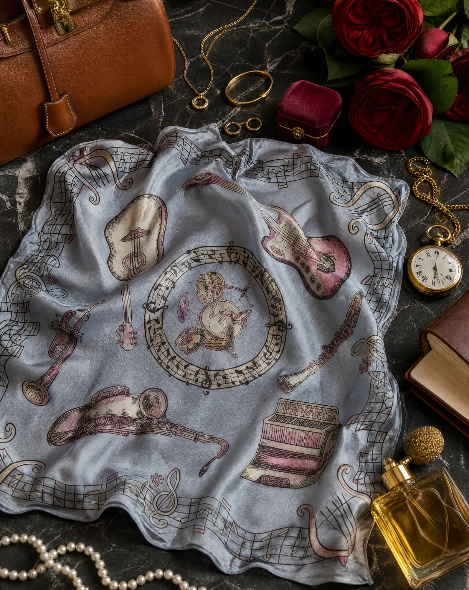 Symphony Serenade Silk Scarf — Powder Blue Pink Cream Black — accessories — VAUDRE numbered luxury — view 4