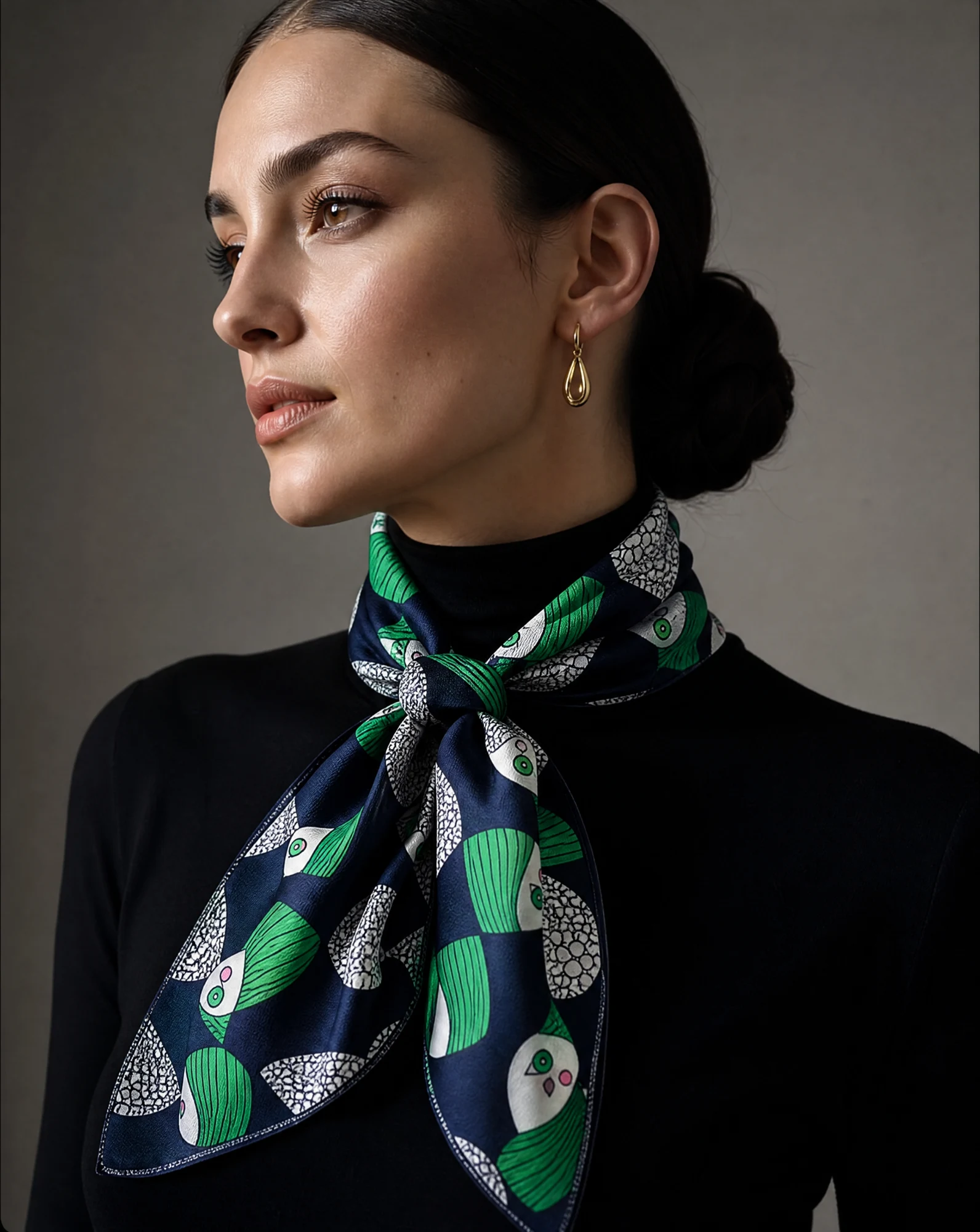 Emerald Plume Art Deco Silk Scarf — Navy Emerald Green Cream Pink — accessories — VAUDRE numbered luxury — view 2