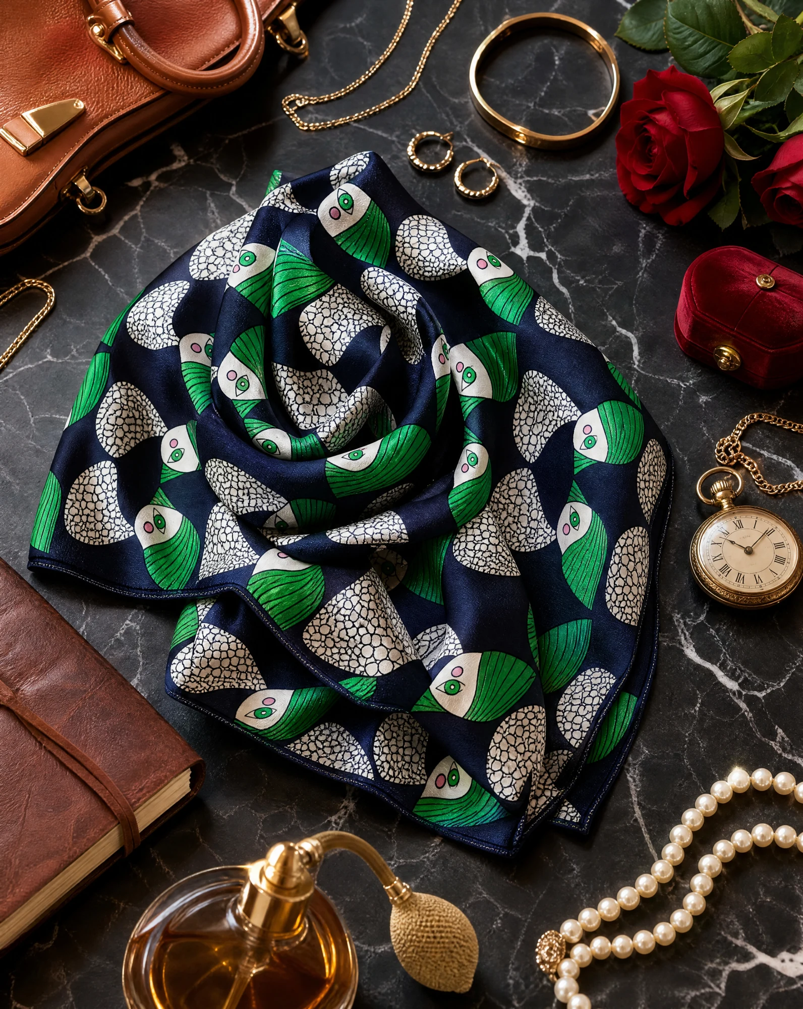 Emerald Plume Art Deco Silk Scarf — Navy Emerald Green Cream Pink — accessories — VAUDRE numbered luxury — view 4
