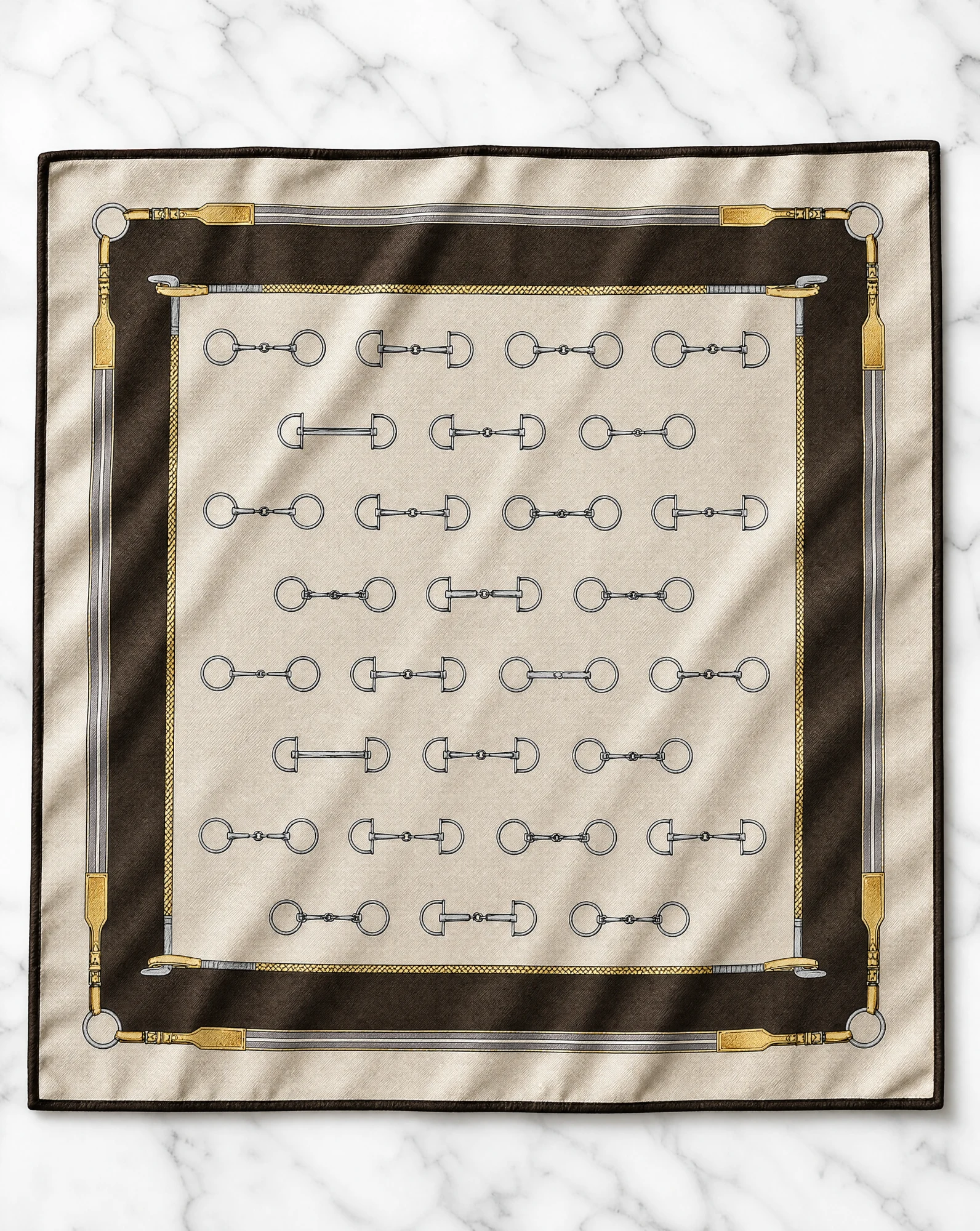 Equestrian Snaffle Bit Silk Scarf — Champagne Brown Gold Grey — accessories — VAUDRE numbered luxury