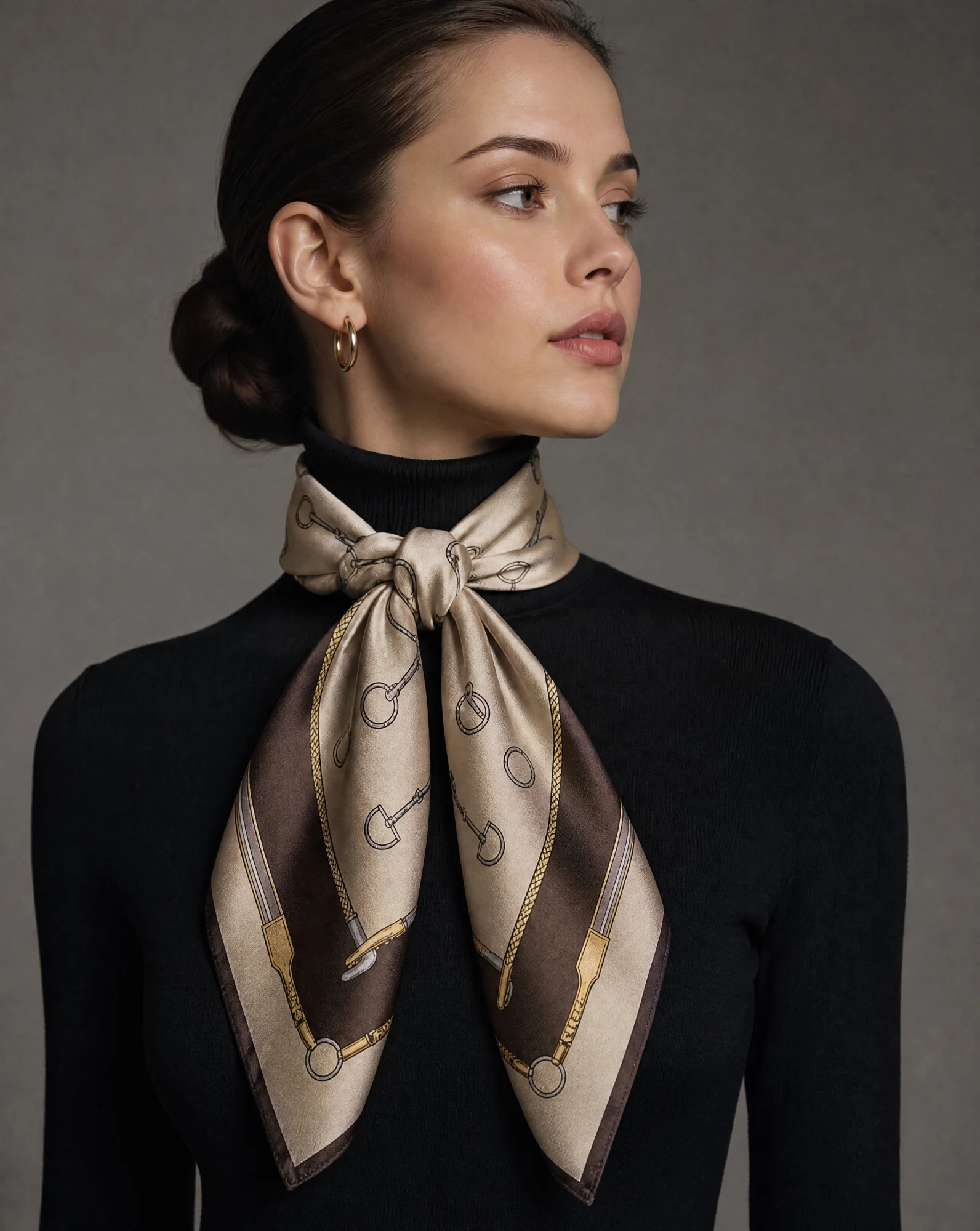 Equestrian Snaffle Bit Silk Scarf — Champagne Brown Gold Grey — accessories — VAUDRE numbered luxury — view 2