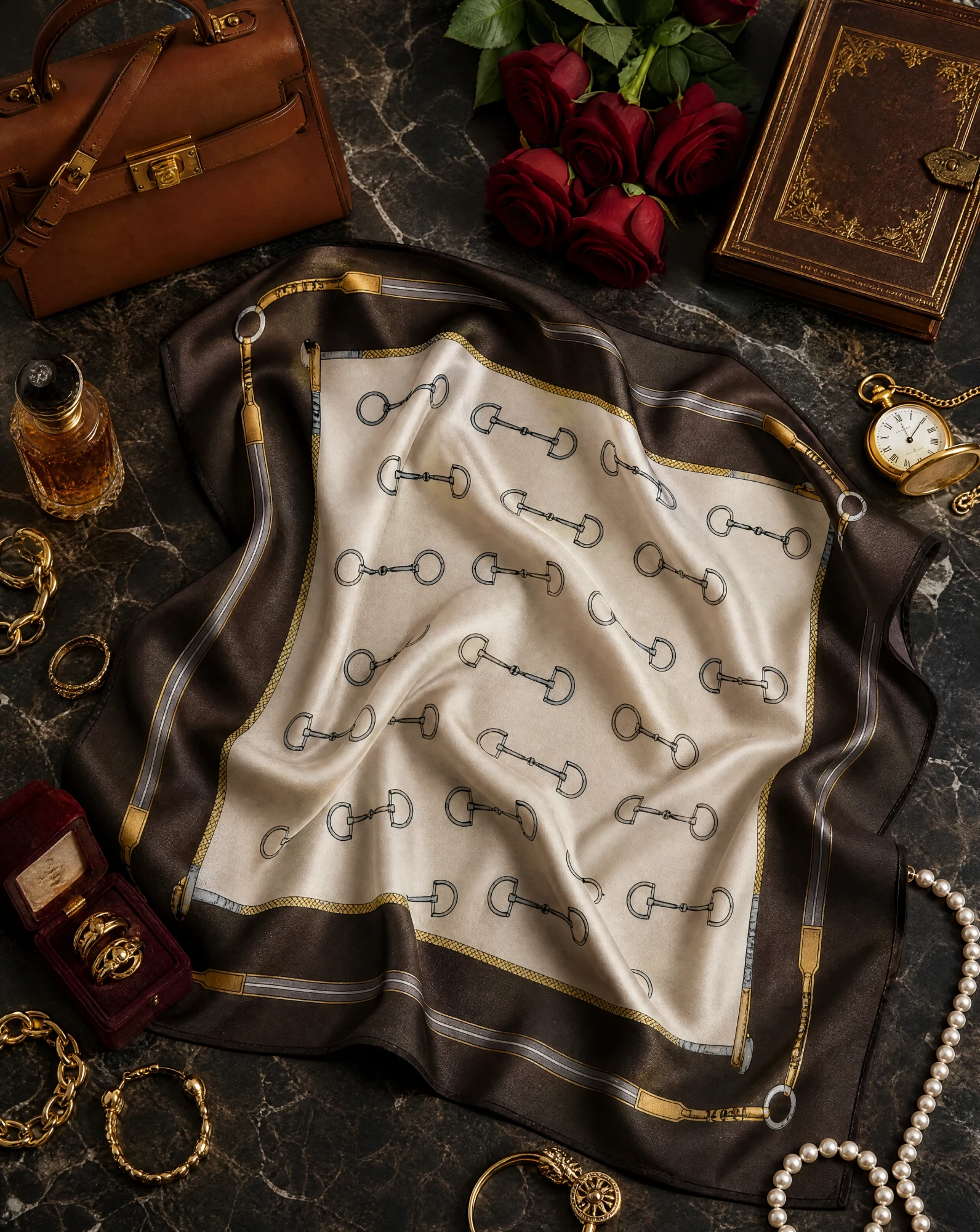 Equestrian Snaffle Bit Silk Scarf — Champagne Brown Gold Grey — accessories — VAUDRE numbered luxury — view 4