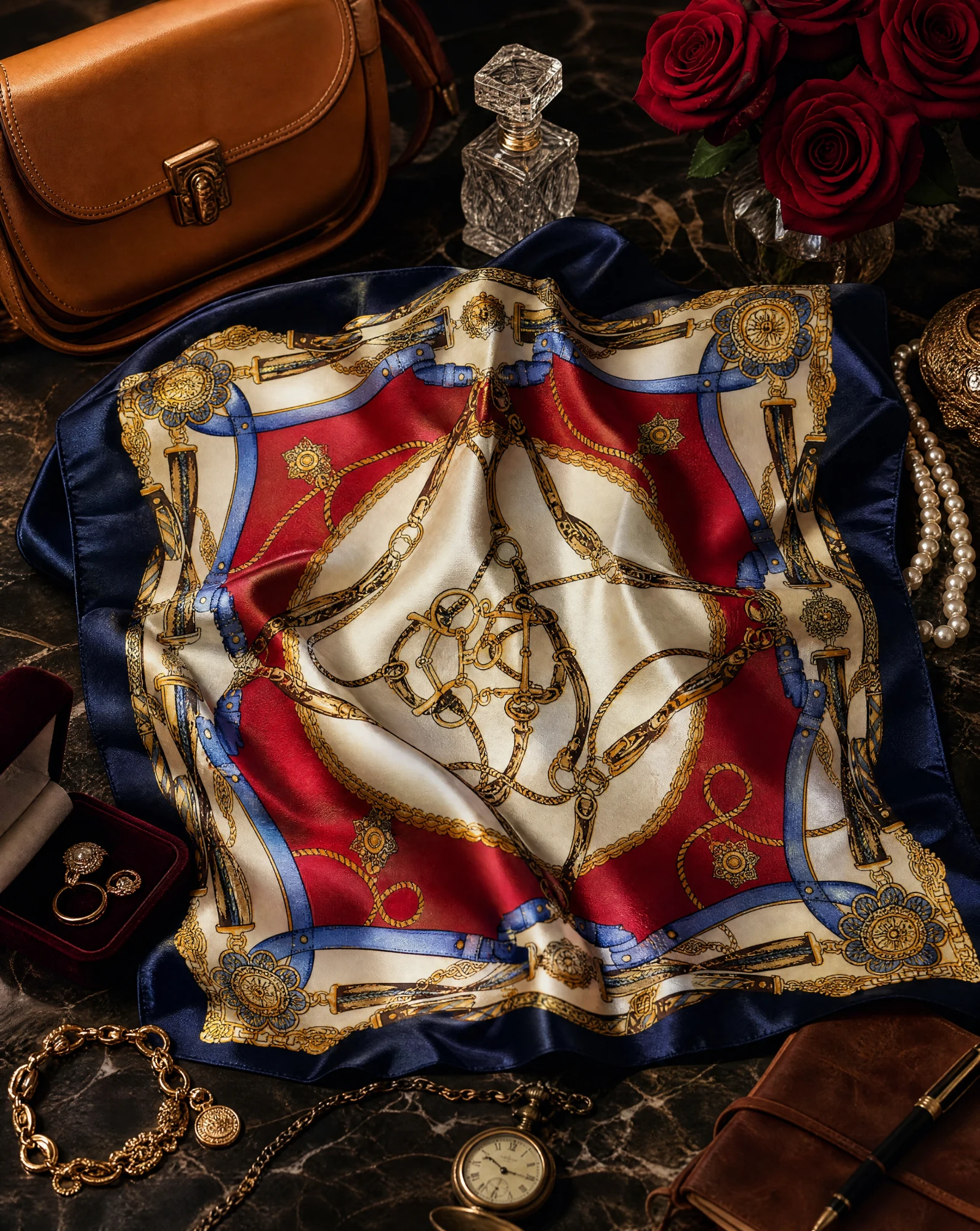 Royal Regalia Baroque Silk Scarf — Navy Red Gold Cream — accessories — VAUDRE numbered luxury — view 5