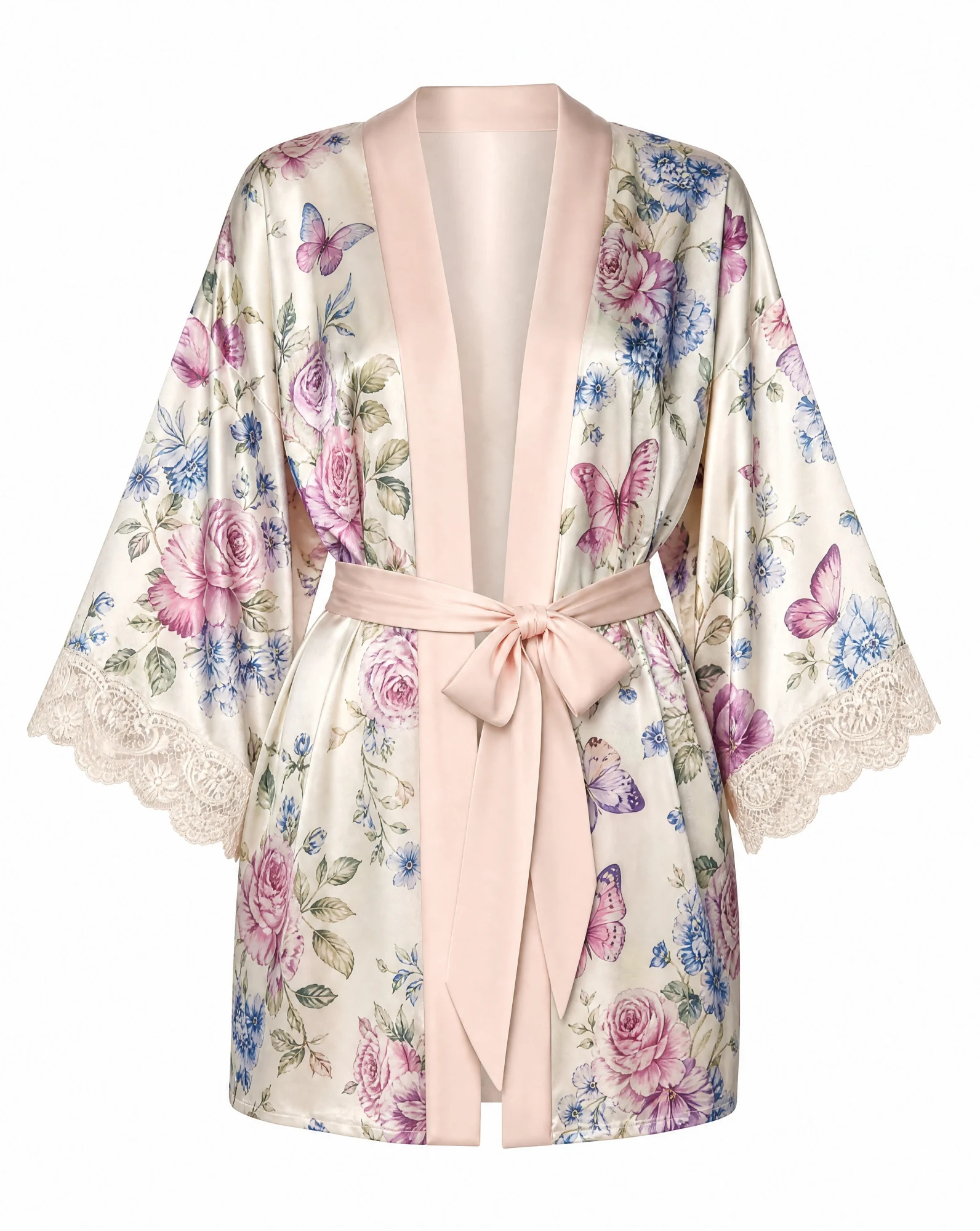 Rose Garden Butterfly Satin Kimono Robe — Ivory Pink Lilac Blue — resort wear — VAUDRE numbered luxury