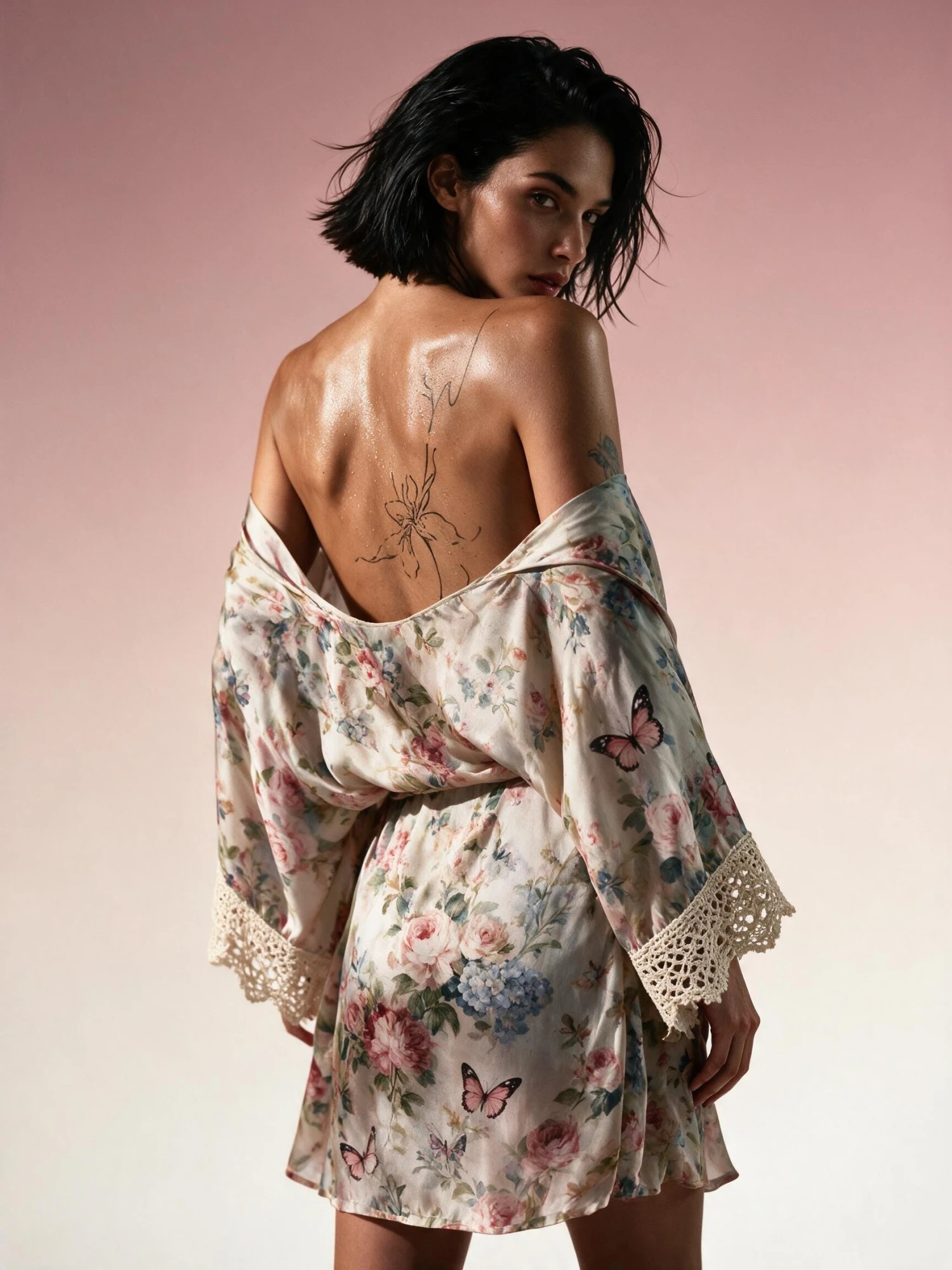 Rose Garden Butterfly Satin Kimono Robe — Ivory Pink Lilac Blue — resort wear — VAUDRE numbered luxury — view 2