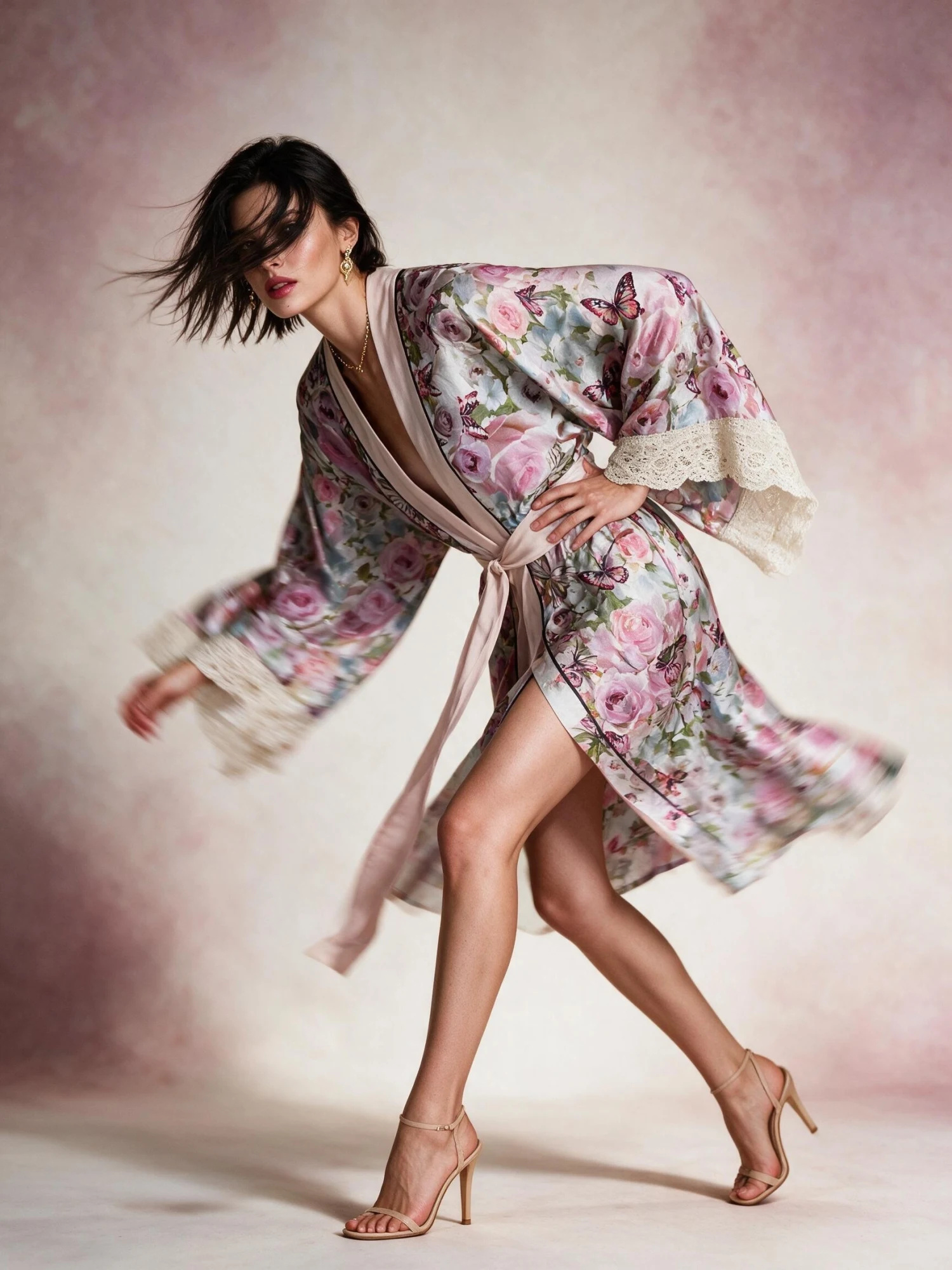 Rose Garden Butterfly Satin Kimono Robe — Ivory Pink Lilac Blue — resort wear — VAUDRE numbered luxury — view 3