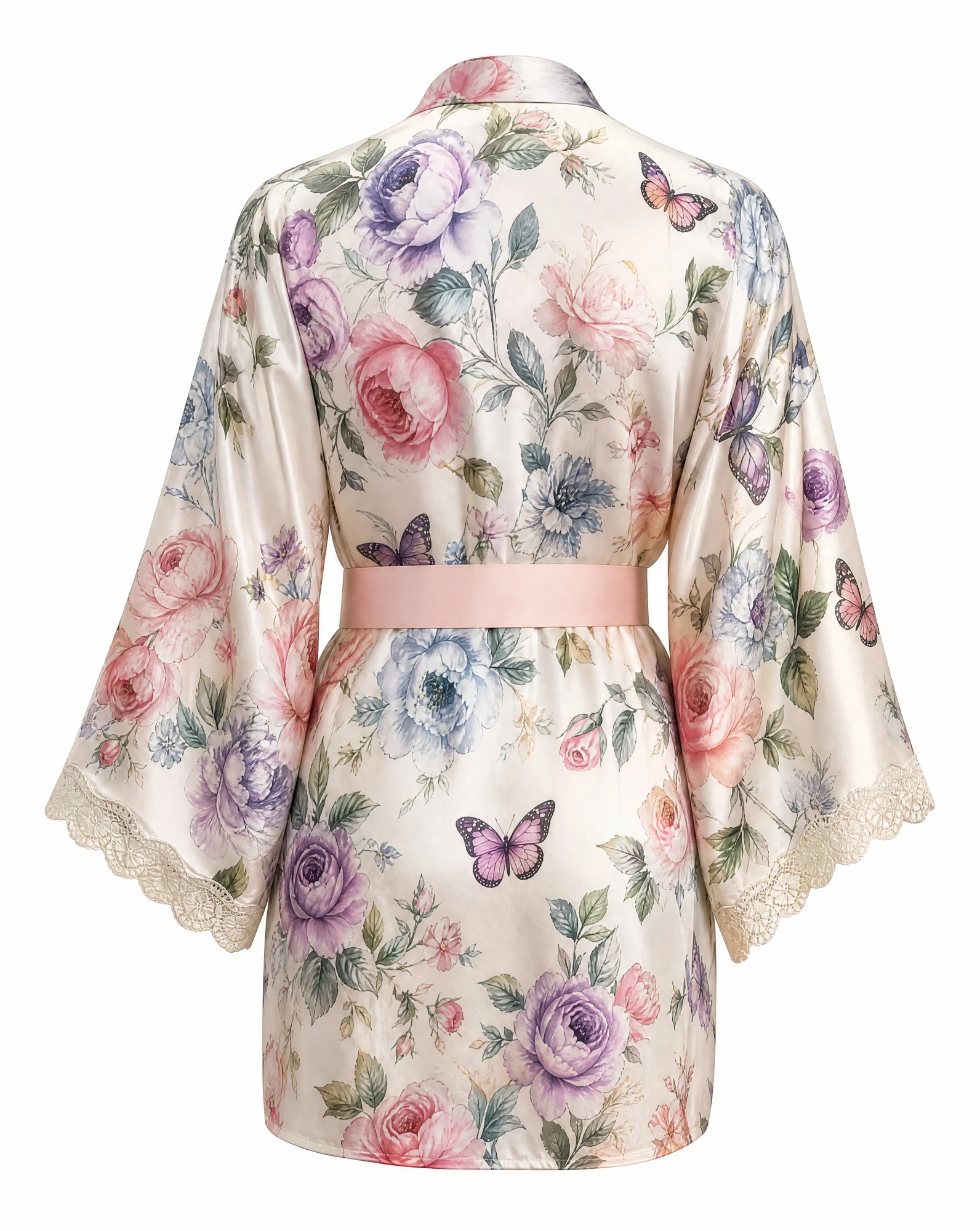 Rose Garden Butterfly Satin Kimono Robe — Ivory Pink Lilac Blue — resort wear — VAUDRE numbered luxury — view 5