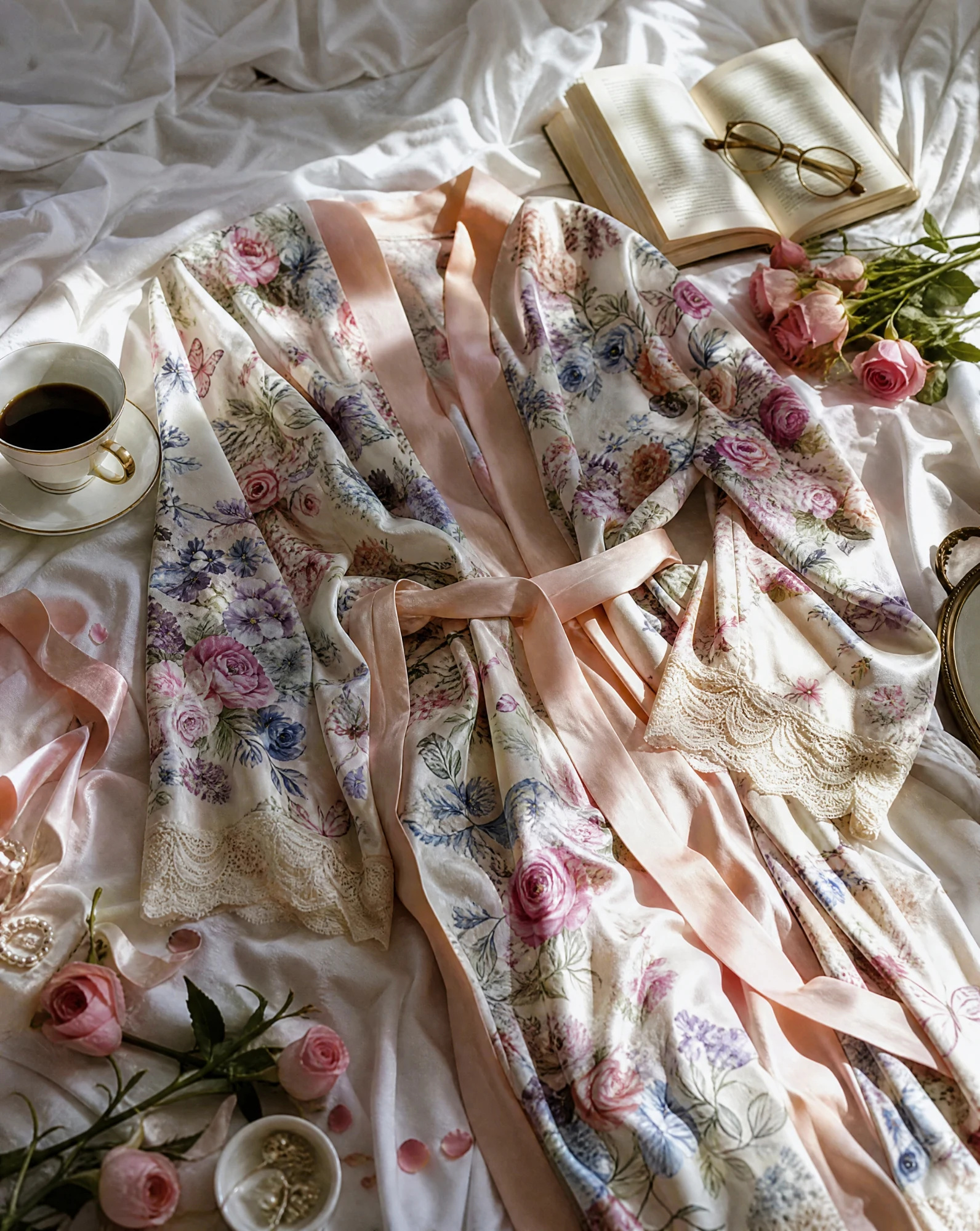 Rose Garden Butterfly Satin Kimono Robe — Ivory Pink Lilac Blue — resort wear — VAUDRE numbered luxury — view 6